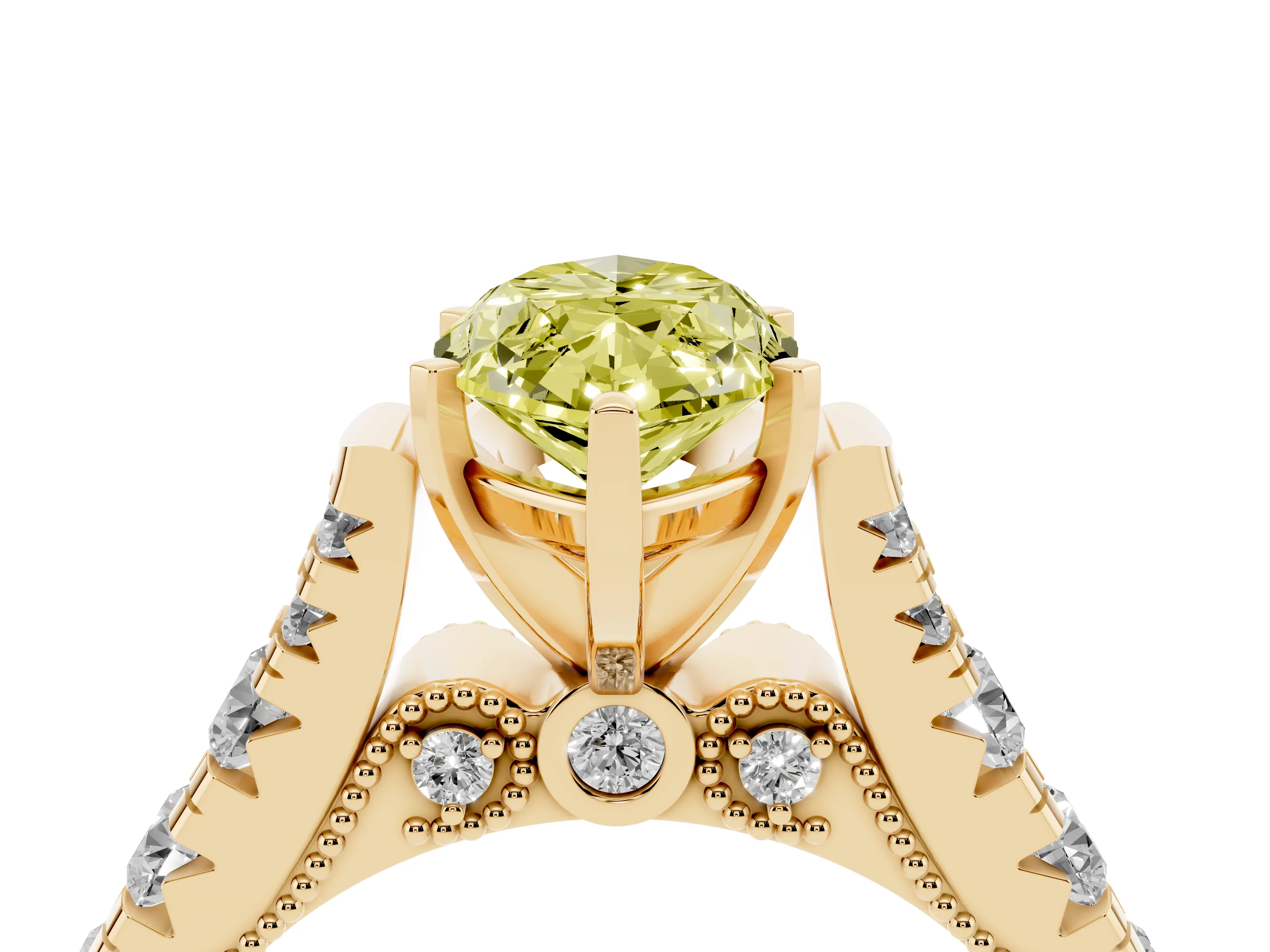 Fancy Yellow Marquise Cut Diamond Classic Solitaire Ring Set in Yellow gold with Pavé Band and Prong Setting