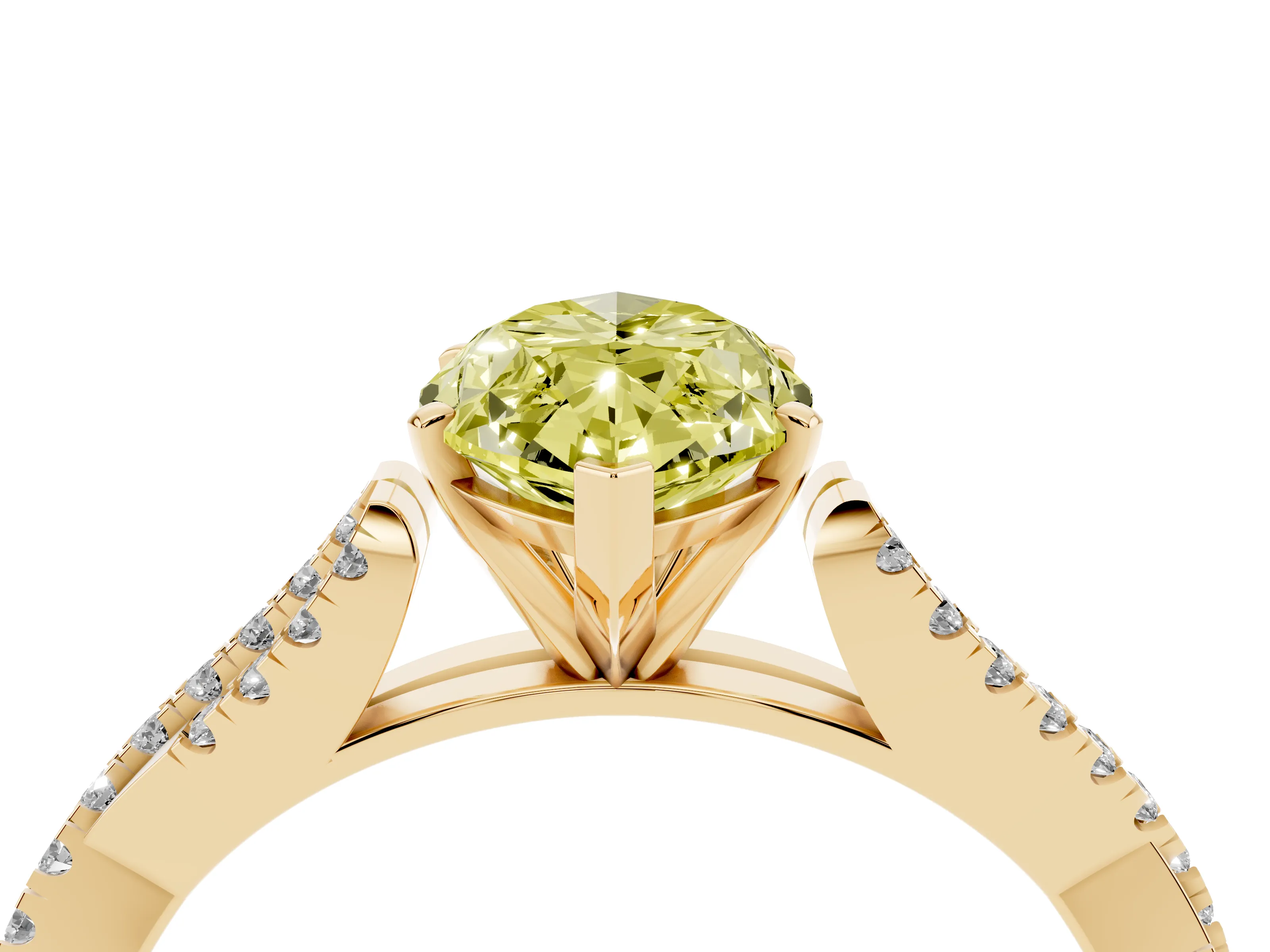 Fancy Yellow Marquise Cut Diamond Solitaire Engagement Ring Set in Yellow gold with Twisted Pavé Band and Prong Setting