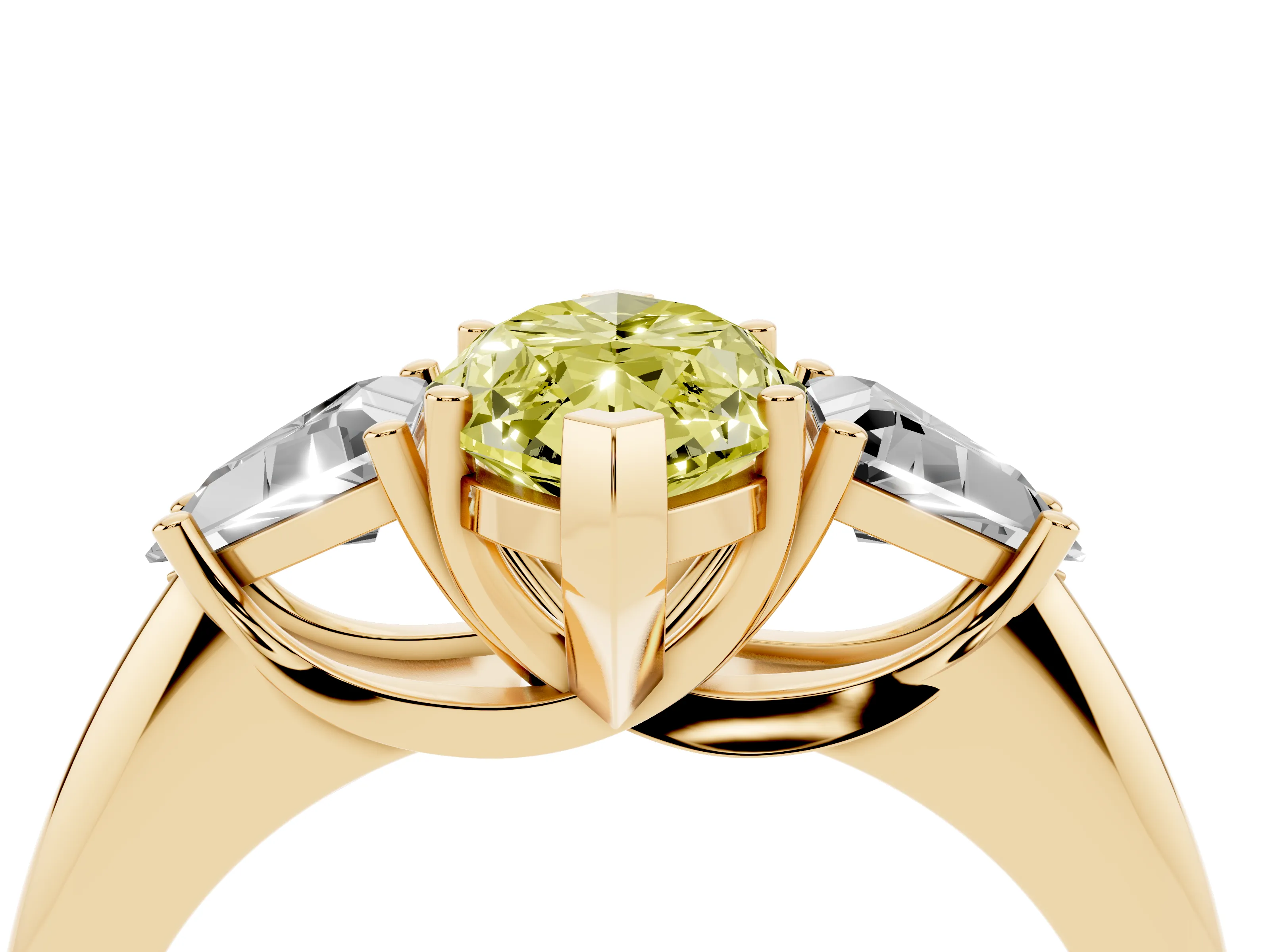 Fancy Yellow Marquise Cut Diamond Three-Stone Engagement Ring Set in Yellow gold with Trillion Side Stones