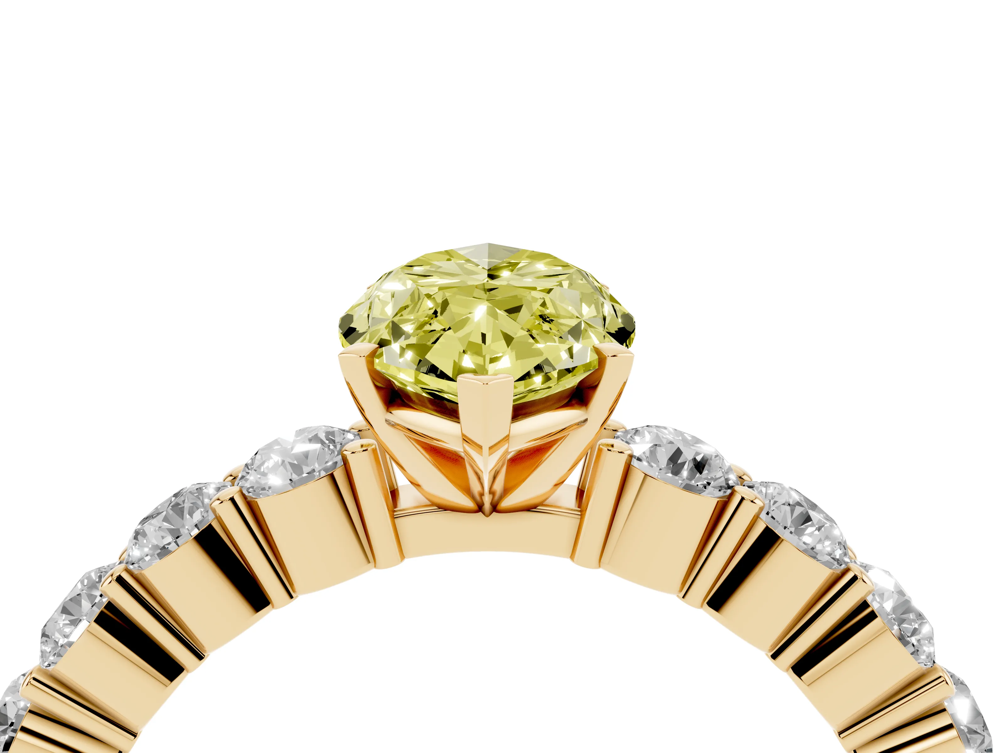 Fancy Yellow Marquise Cut Diamond Solitaire Ring Set in Yellow gold with Shared Prong Round Side Stones