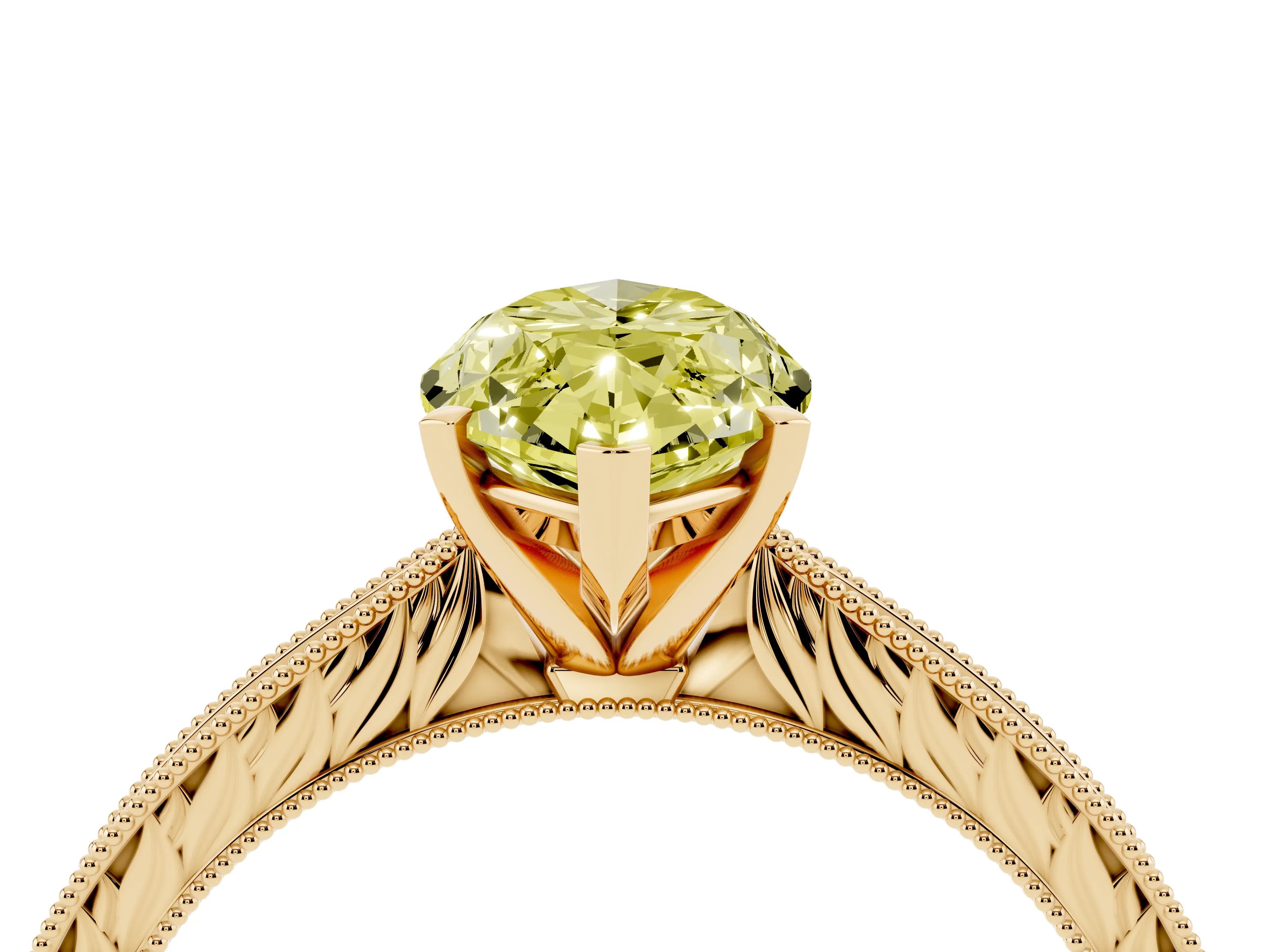 Fancy Yellow Marquise Cut Diamond Solitaire Milgrain Engraved Band Set in Yellow gold with Prong Setting