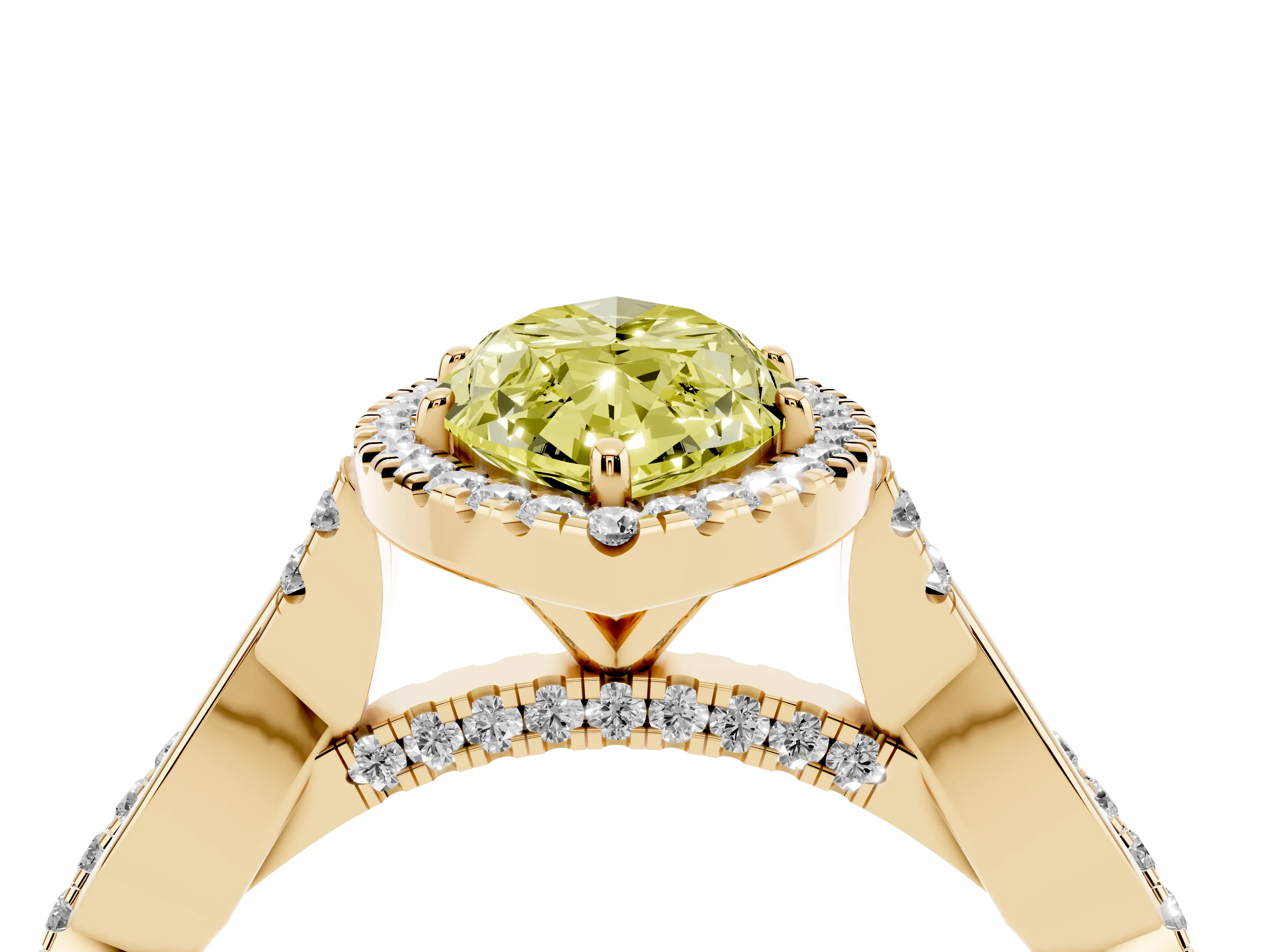 Fancy Yellow Marquise Cut Diamond Halo Twist Band Solitaire Ring Set in Yellow gold with Prong Setting