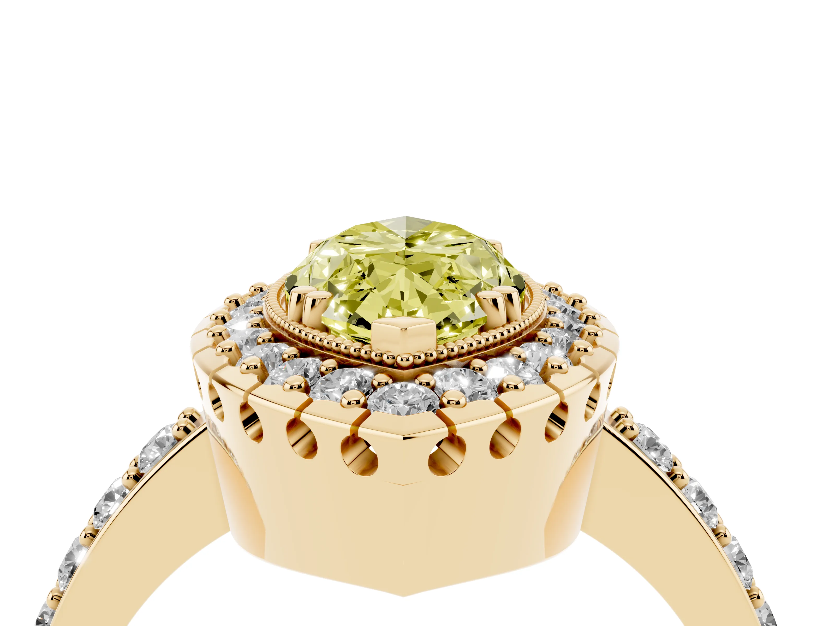 Fancy Yellow Marquise Cut Diamond Halo Ring Set in Yellow gold with Pavé Shank and Prong Setting
