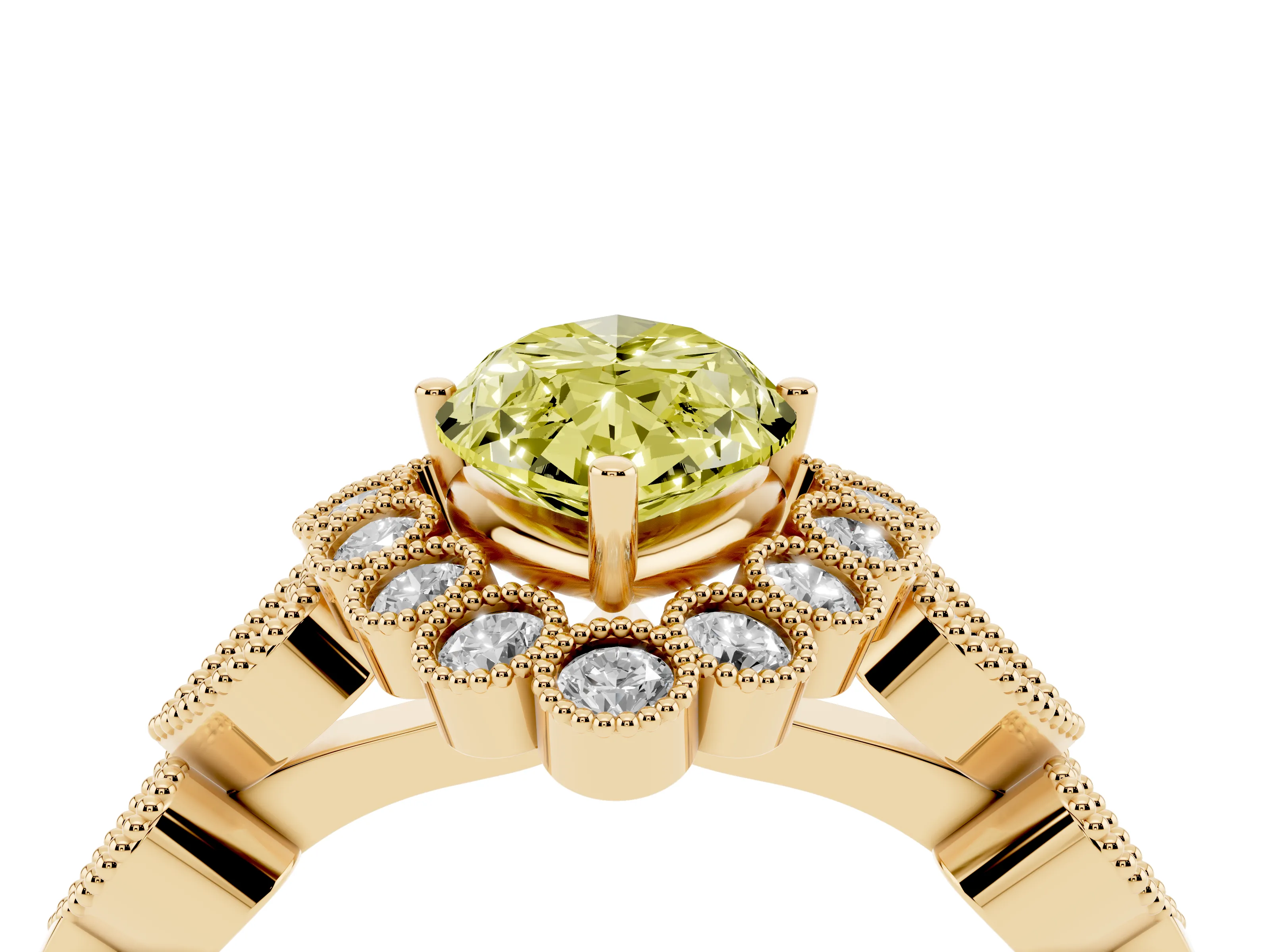Fancy Yellow Marquise Cut Diamond Solitaire Ring Set in Yellow gold with Milgrain Pavé Heart Band
