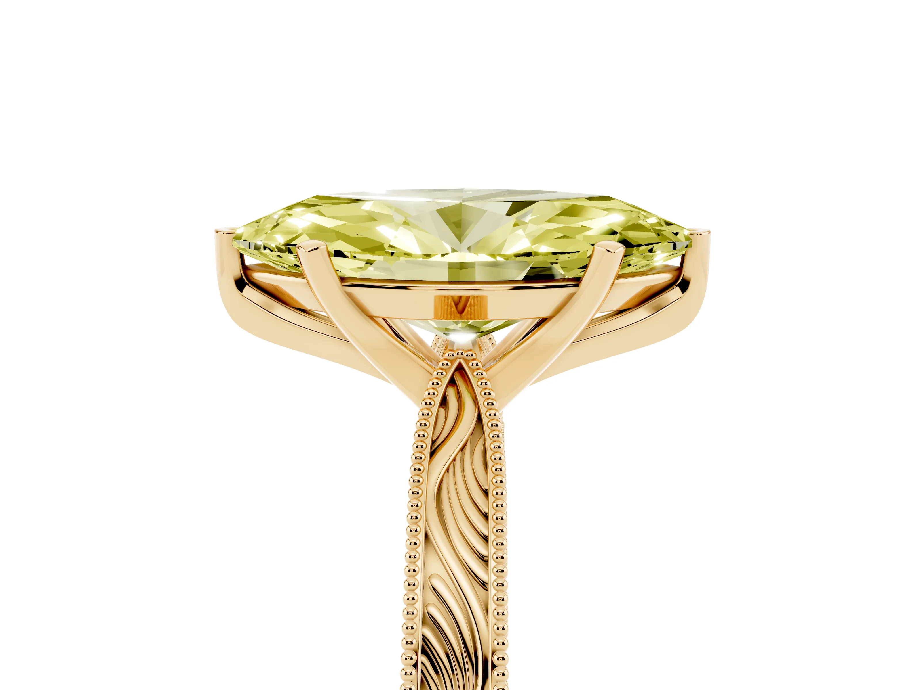 Fancy Yellow Marquise Cut Diamond Solitaire Milgrain Engraved Band Set in Yellow gold with Prong Setting