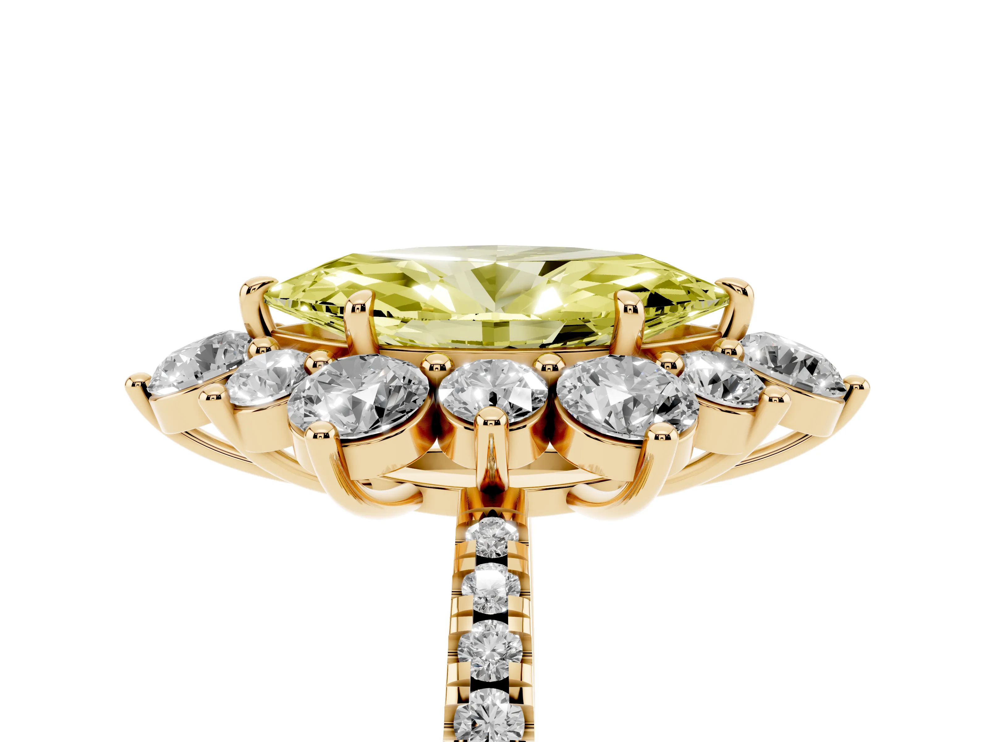 Fancy Yellow Marquise Cut Diamond Floral Halo Ring Set in Yellow gold with Round Pavé Band and Prong Setting