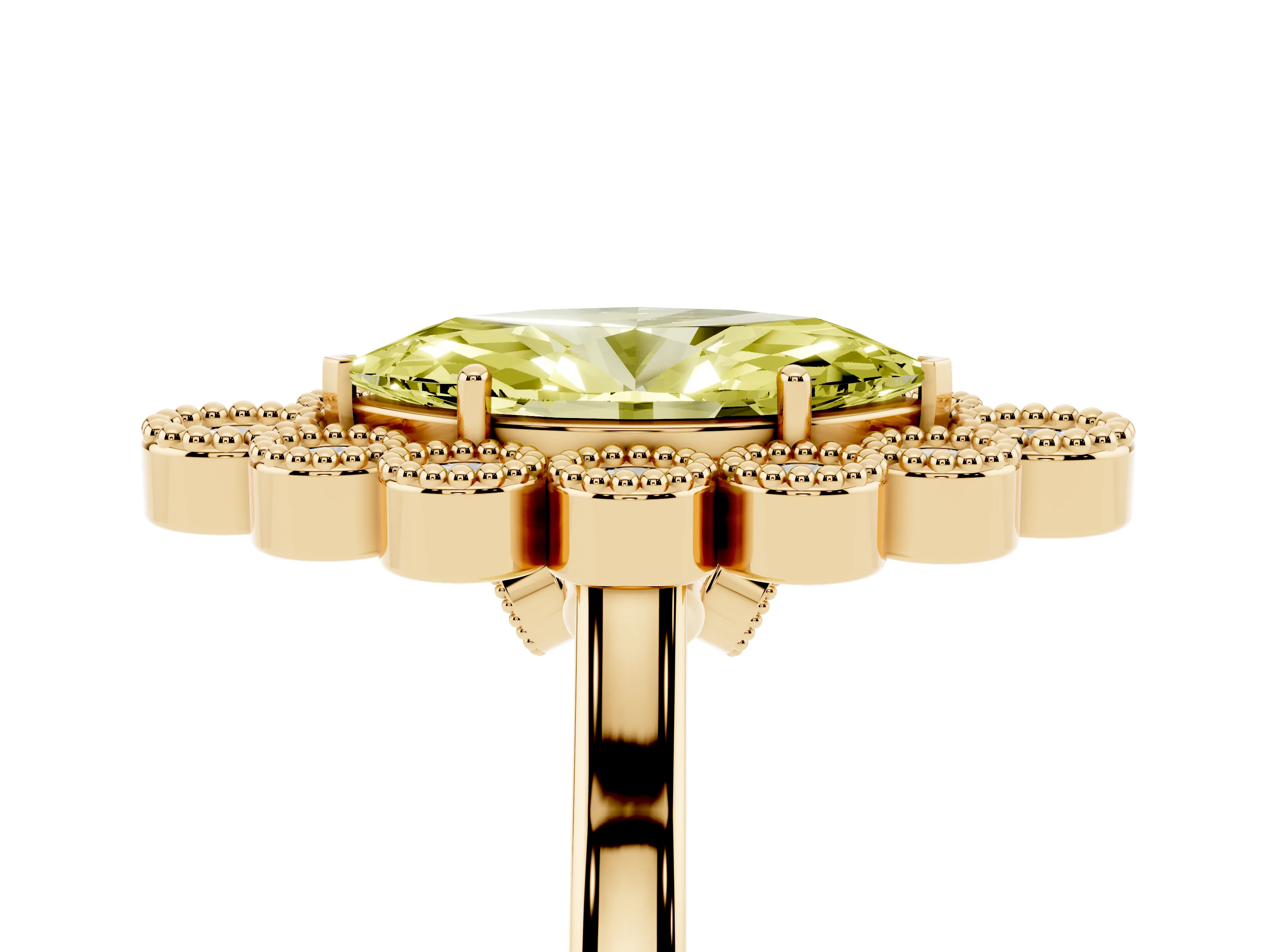 Fancy Yellow Marquise Cut Diamond Cluster Halo Ring Set in Yellow gold with Milgrain Bezel Accents and Plain Band