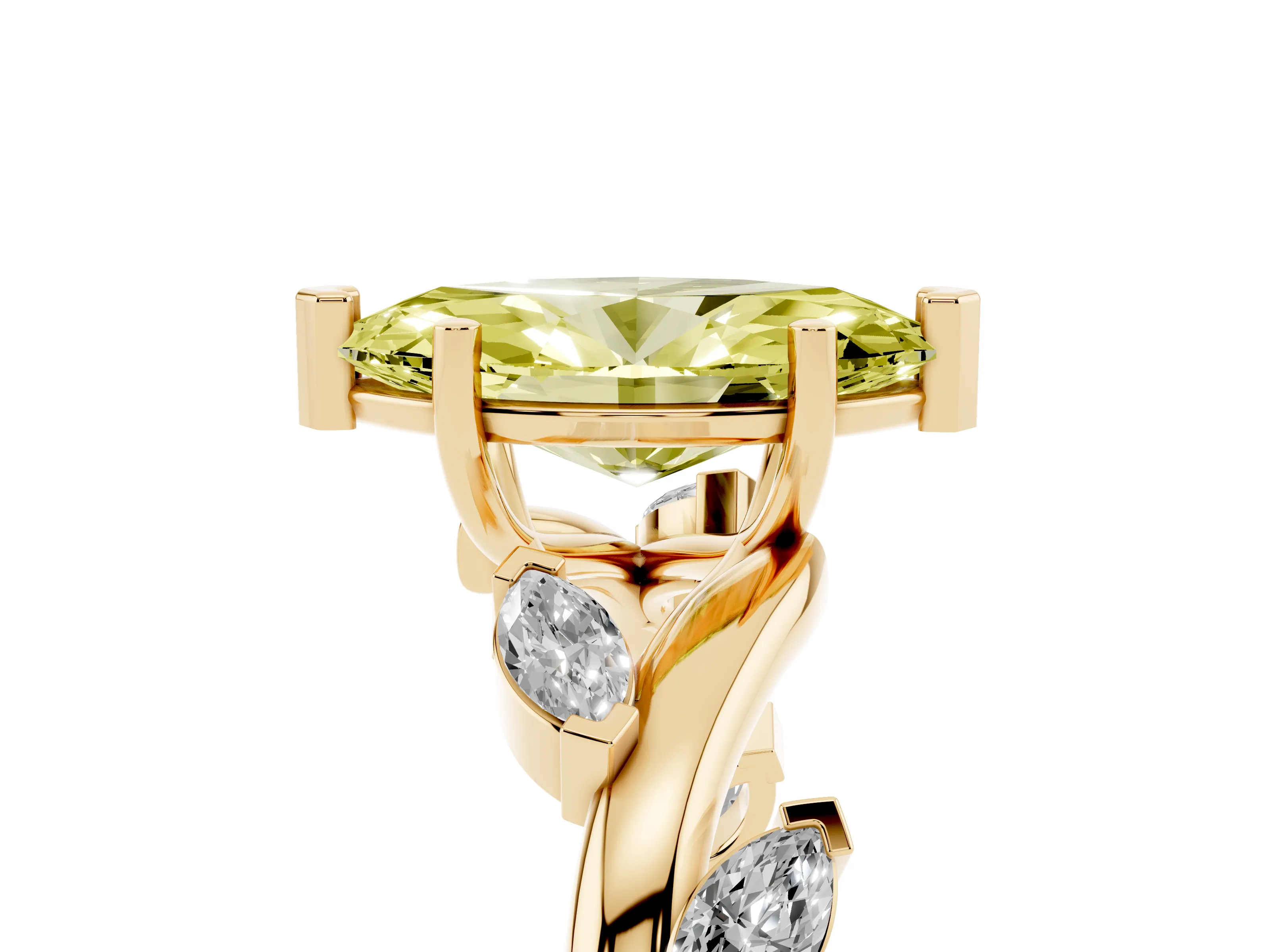 Fancy Yellow Marquise Cut Diamond Solitaire Ring Set in Yellow gold with Twisted Marquise Accent Band