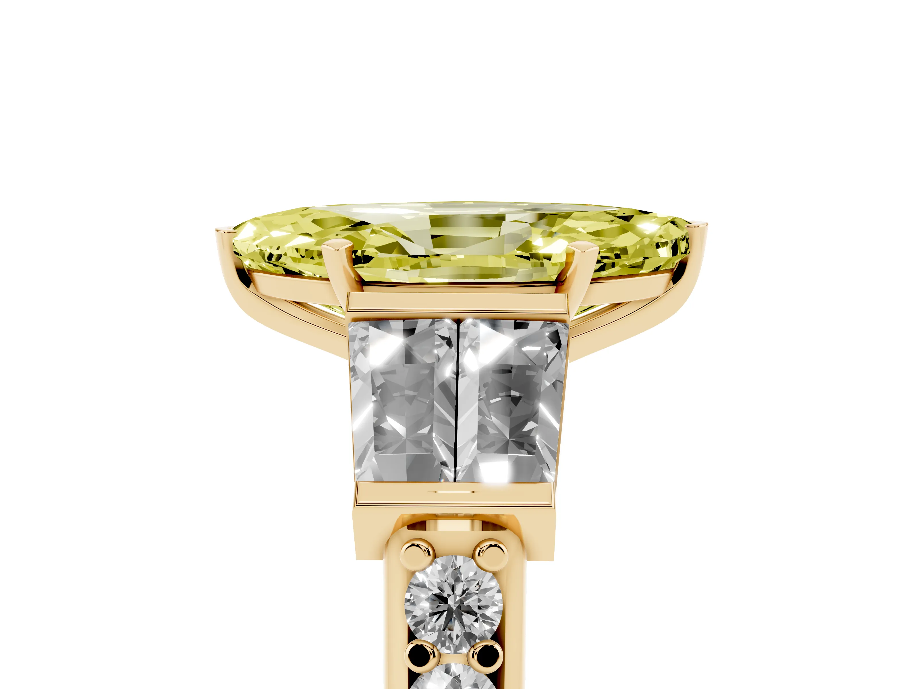 Fancy Yellow Marquise Cut Diamond Engagement Ring Set in Yellow gold with Baguette Side Stones and Channel Set Band