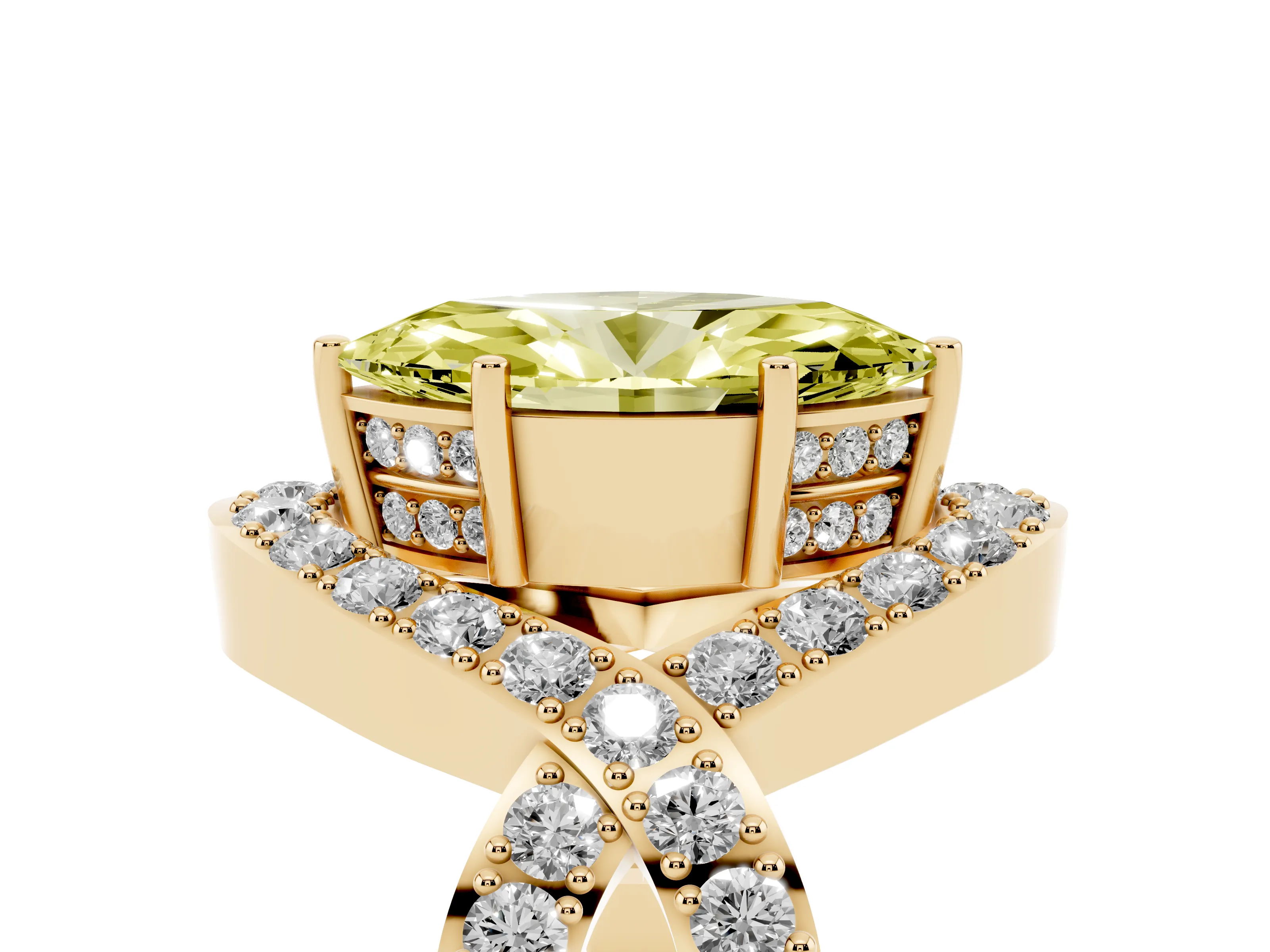 Fancy Yellow Marquise Cut Diamond Solitaire Twist Band Pavé Engagement Ring Set in Yellow gold