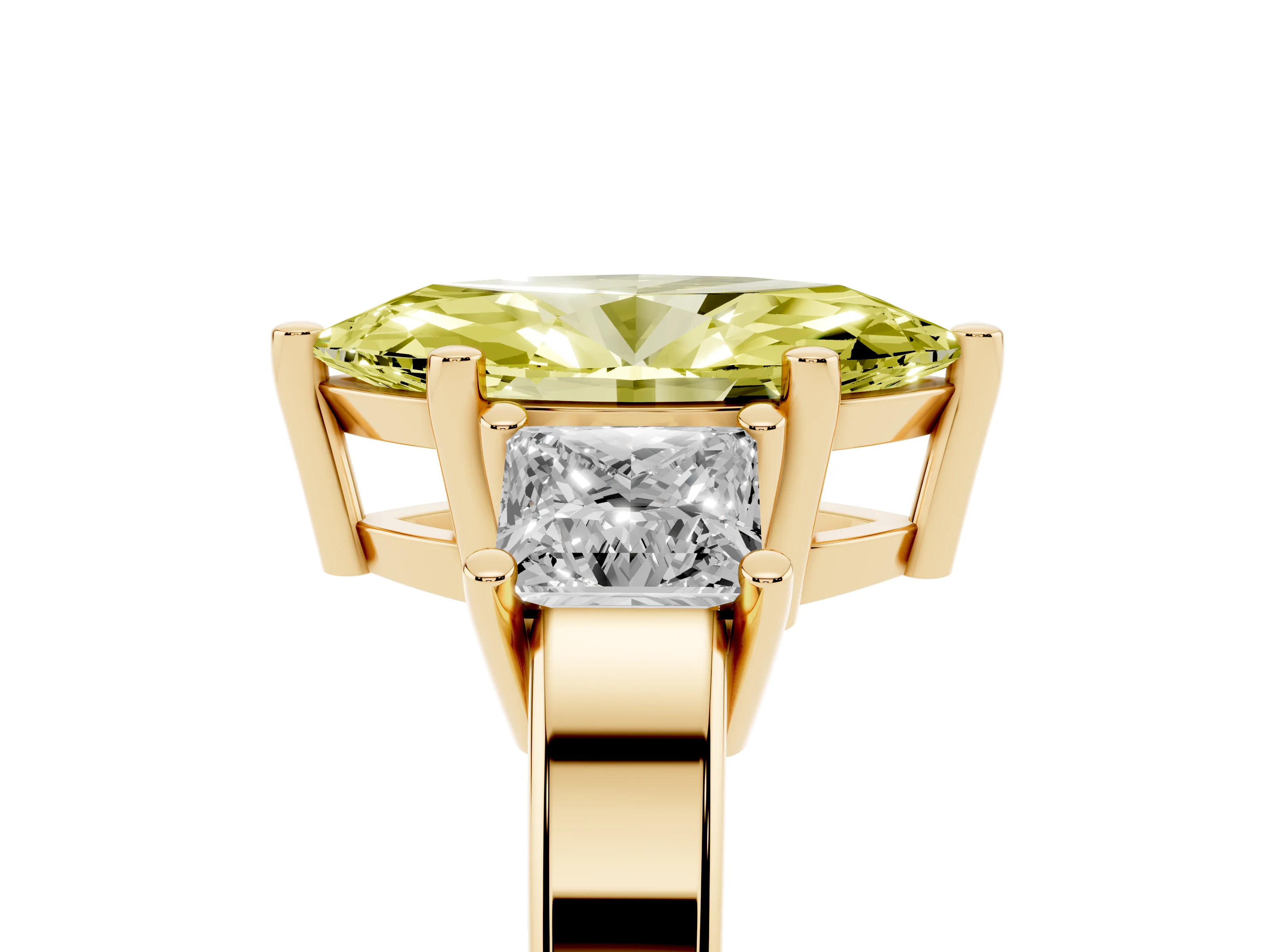 Fancy Yellow Three-Stone Marquise Cut Diamond Solitaire Ring Set in Yellow gold with Prong Setting