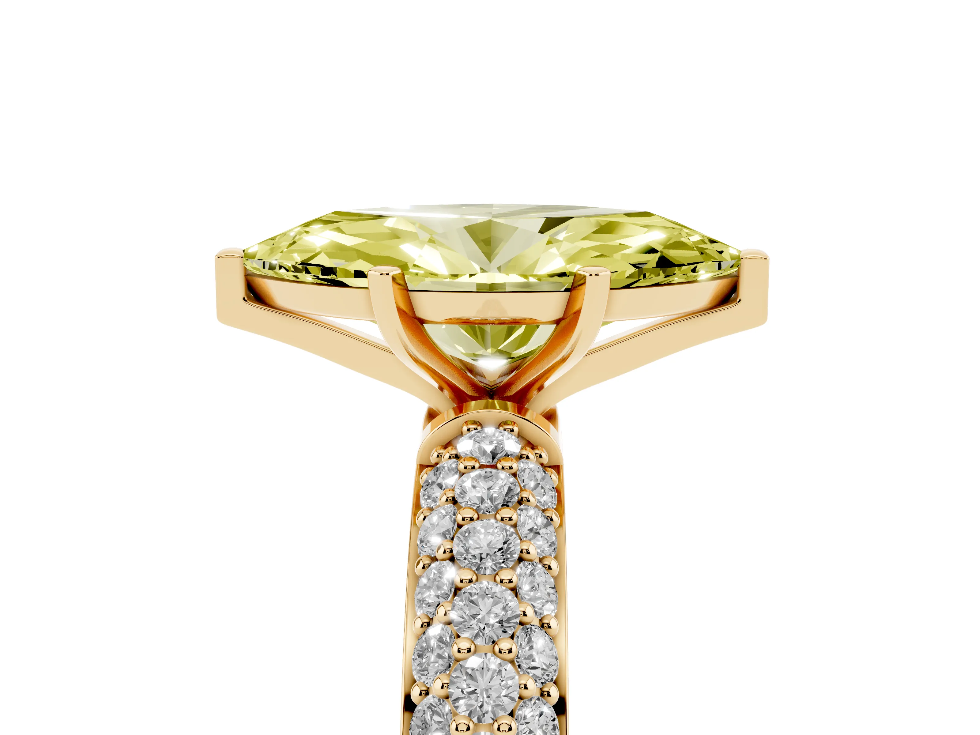Fancy Yellow Marquise Cut Diamond Solitaire Ring Set in Yellow gold with Prong Setting and Pavé-Set Band