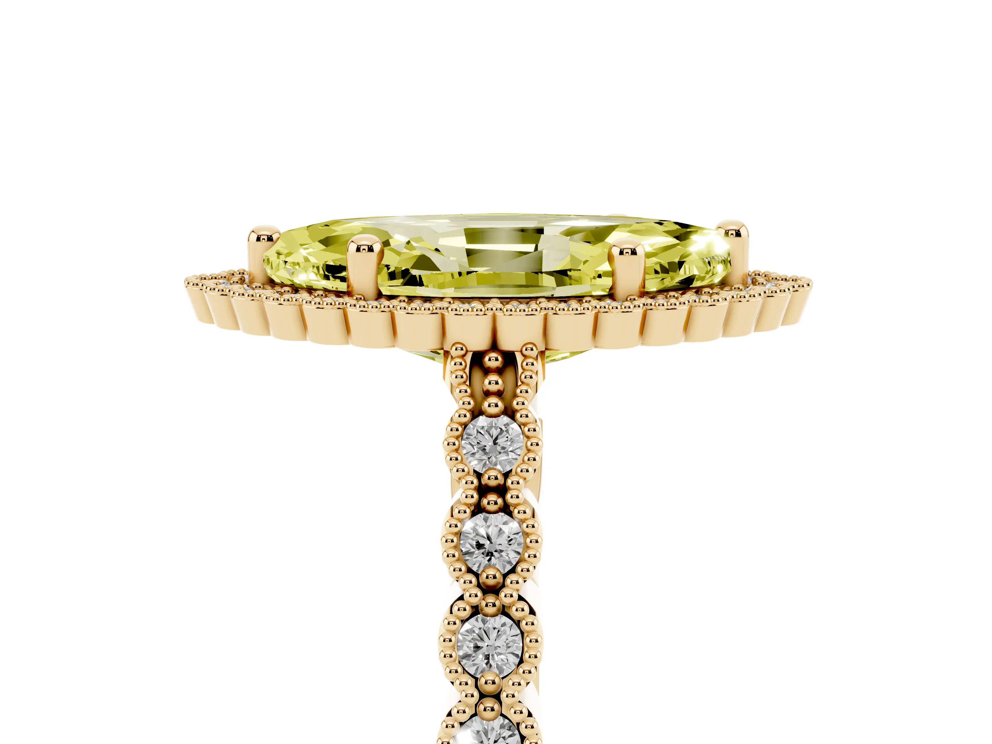 Fancy Yellow Marquise Cut Diamond Halo Ring Set in Yellow gold with Pavé Milgrain Band