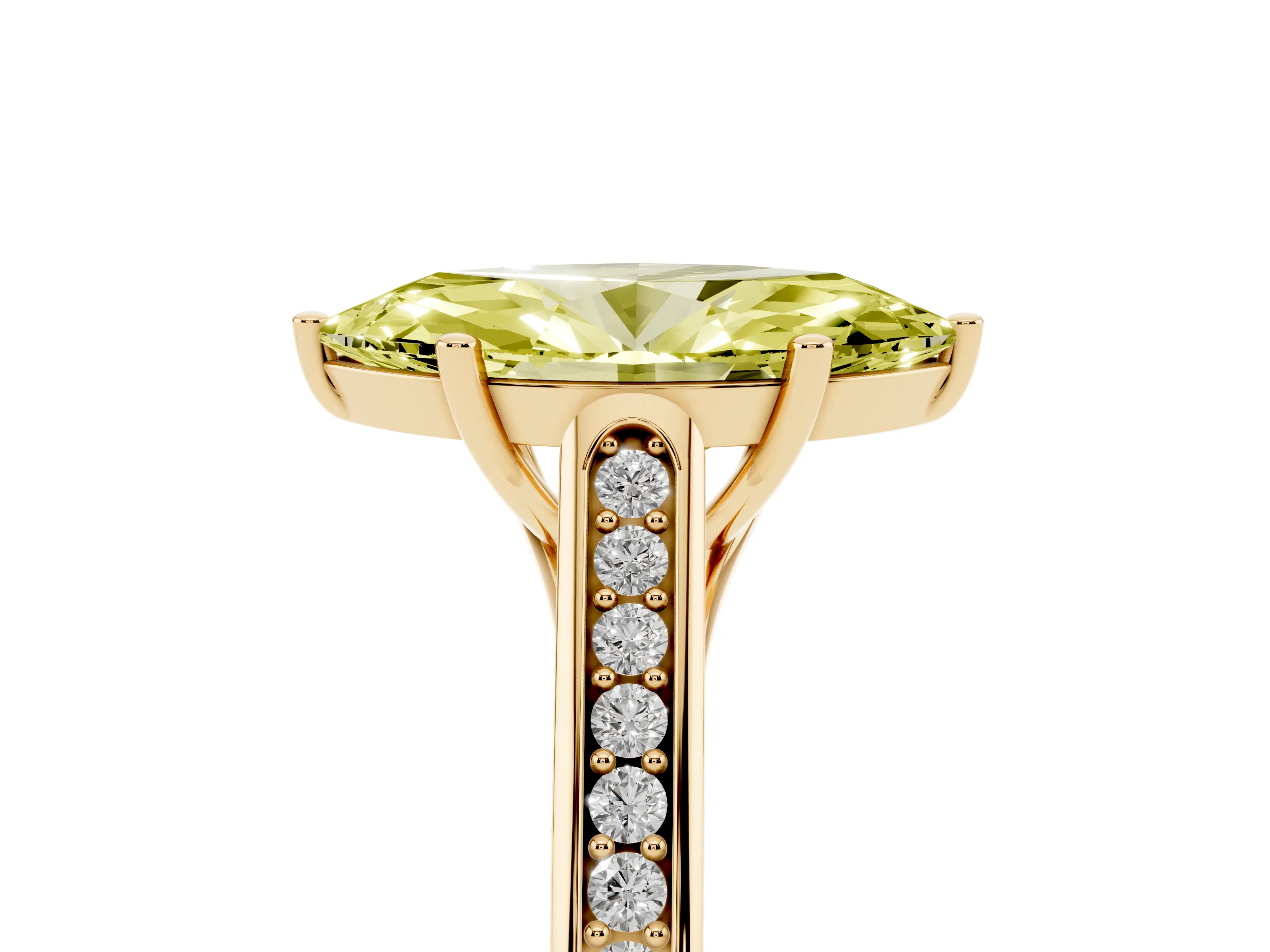 Fancy Yellow Marquise Cut Diamond Solitaire Cathedral Engagement Ring Set in Yellow gold with Channel-Set Band and Prong Setting