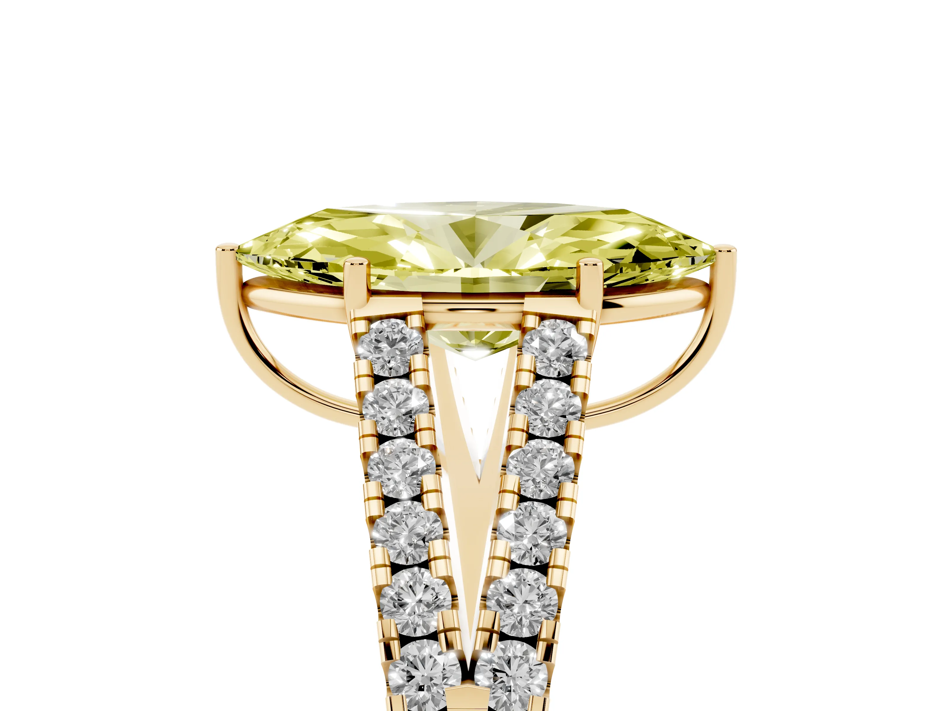 Fancy Yellow Marquise Cut Diamond Split Shank Pavé Engagement Ring Set in Yellow gold with Prong-Held Center Stone