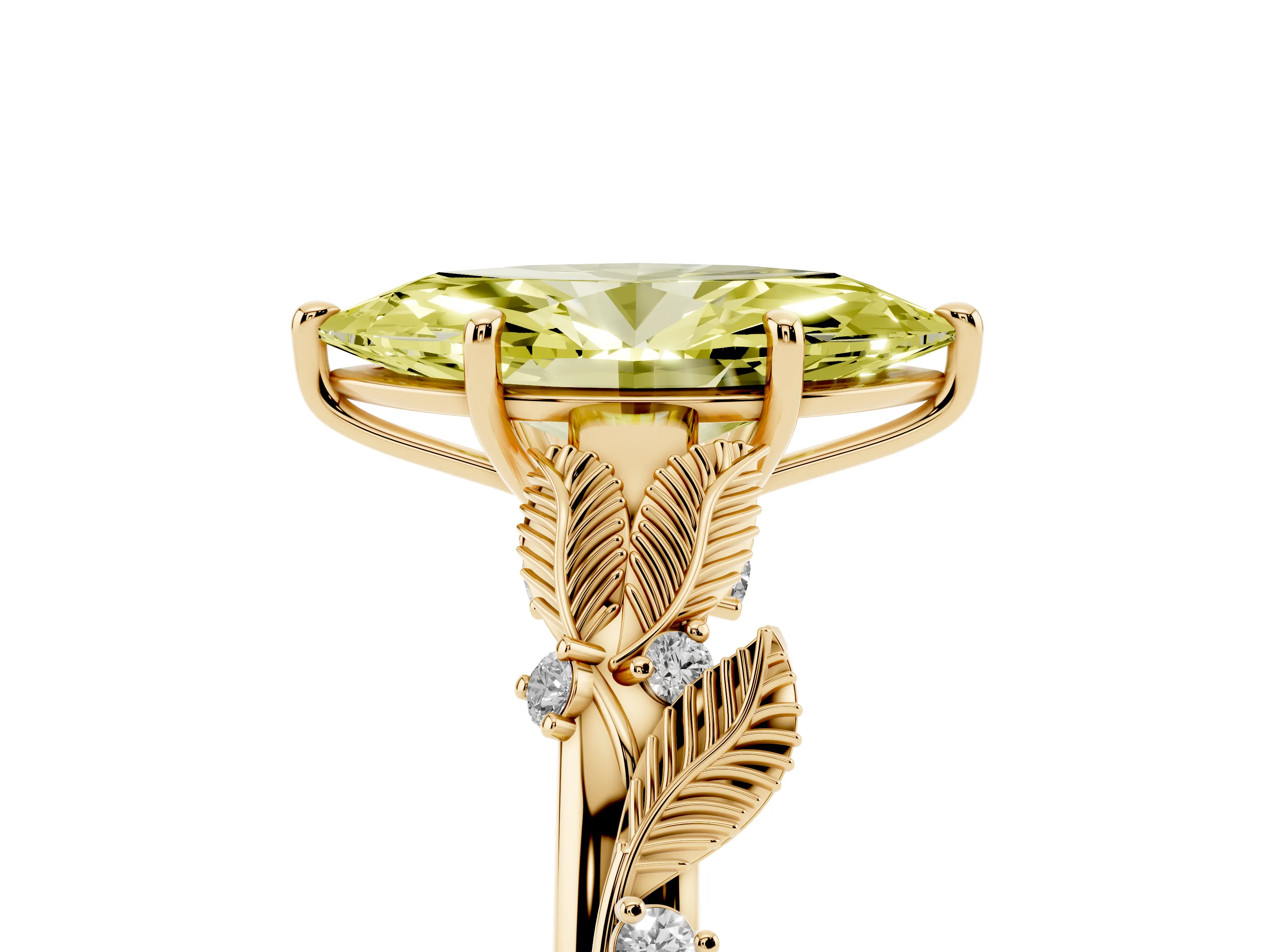 Fancy Yellow Marquise Cut Diamond Solitaire Ring Set in Yellow gold with Leaf Motif Band