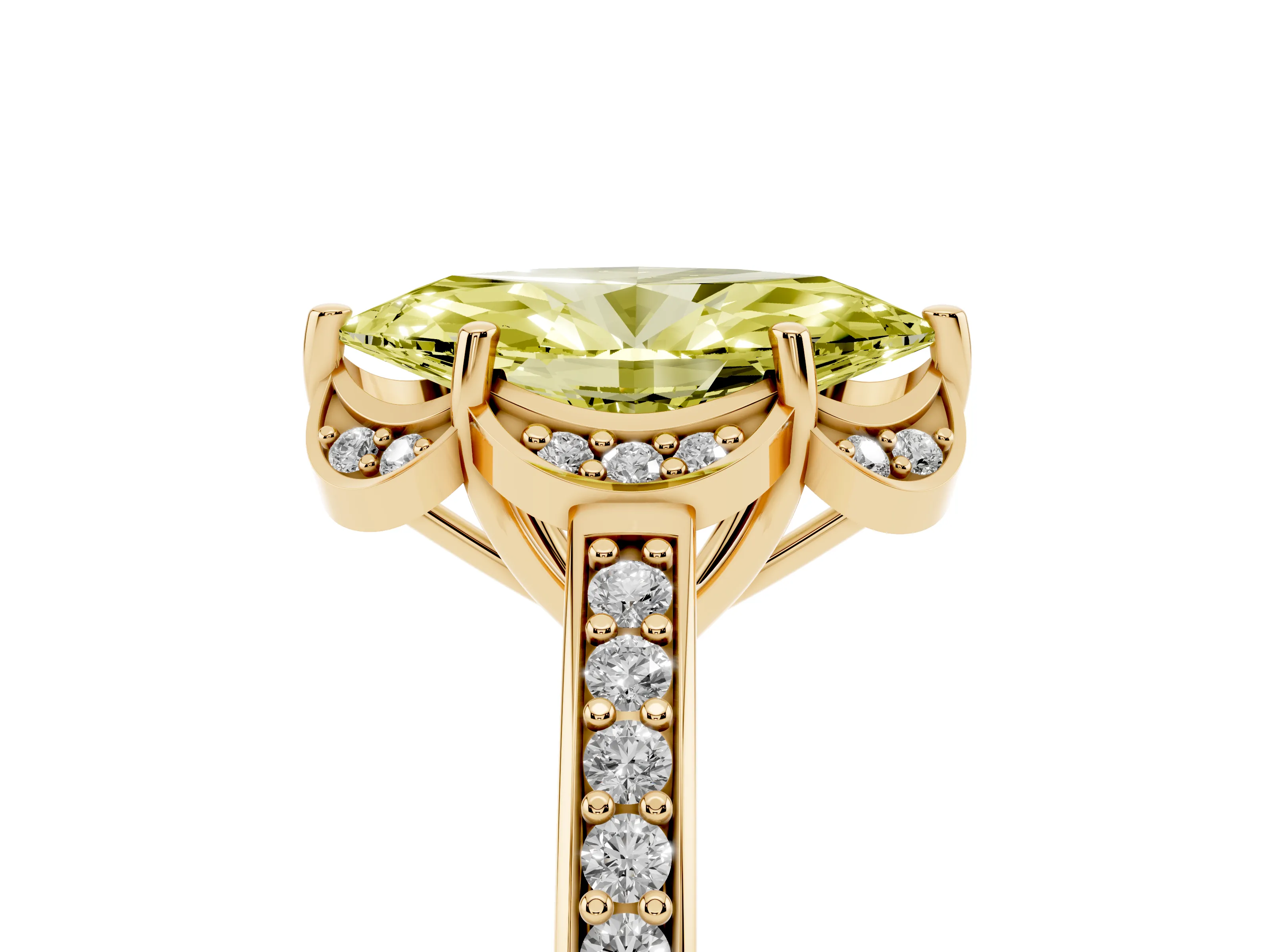 Fancy Yellow Marquise Cut Diamond Halo Ring Set in Yellow gold with Channel Set Band and Prong Setting
