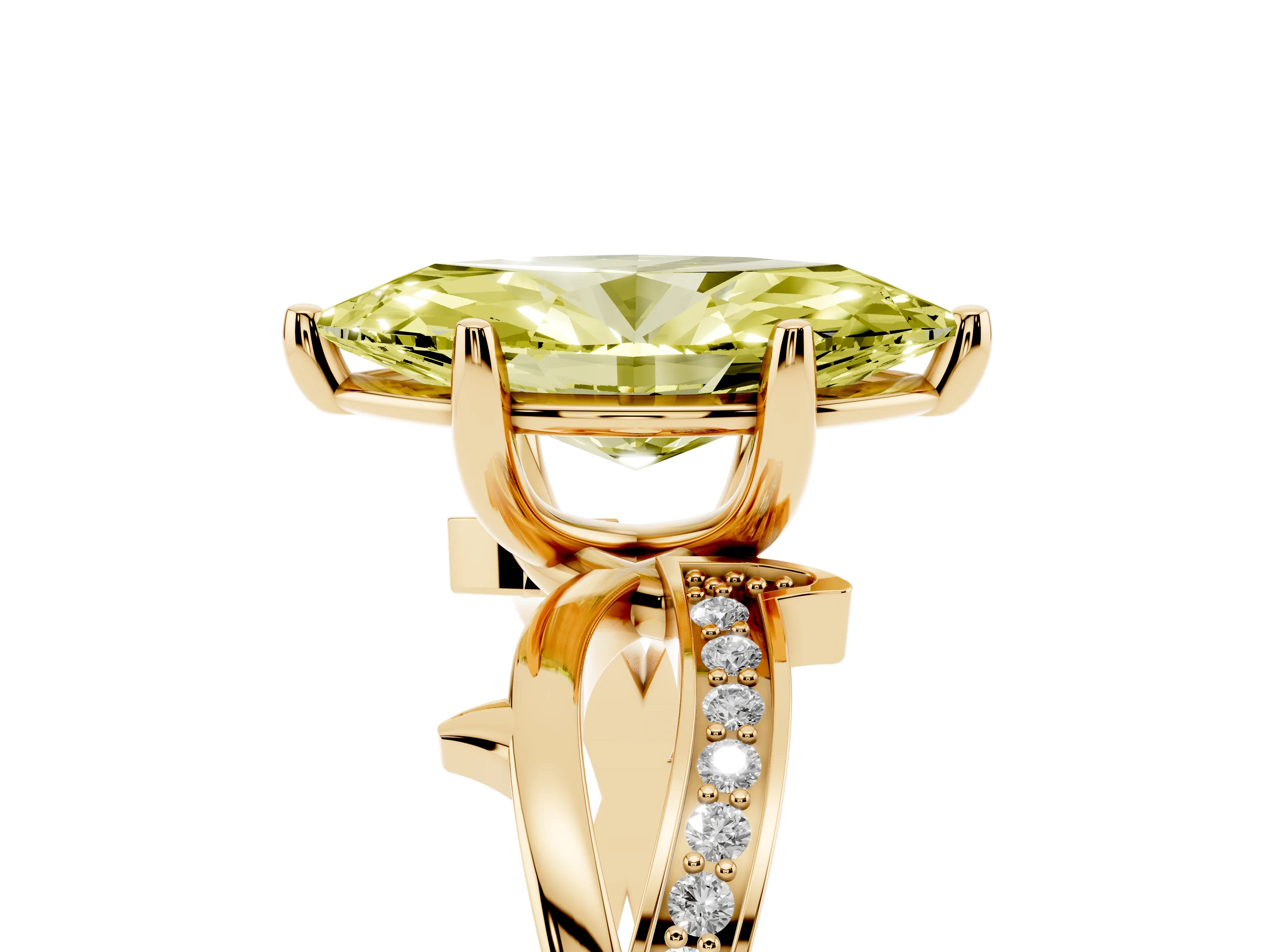 Fancy Yellow Marquise Cut Diamond Pavé Twist Band Solitaire Ring Set in Yellow gold with Prong Setting