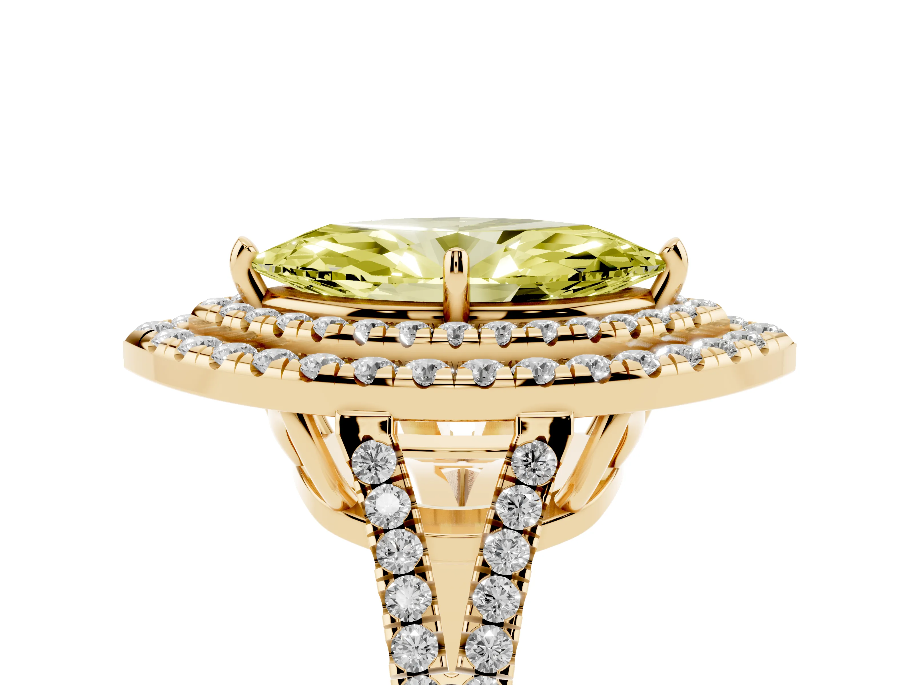 Fancy Yellow Marquise Cut Diamond Double Halo Ring Set in Yellow gold with Pavé Band