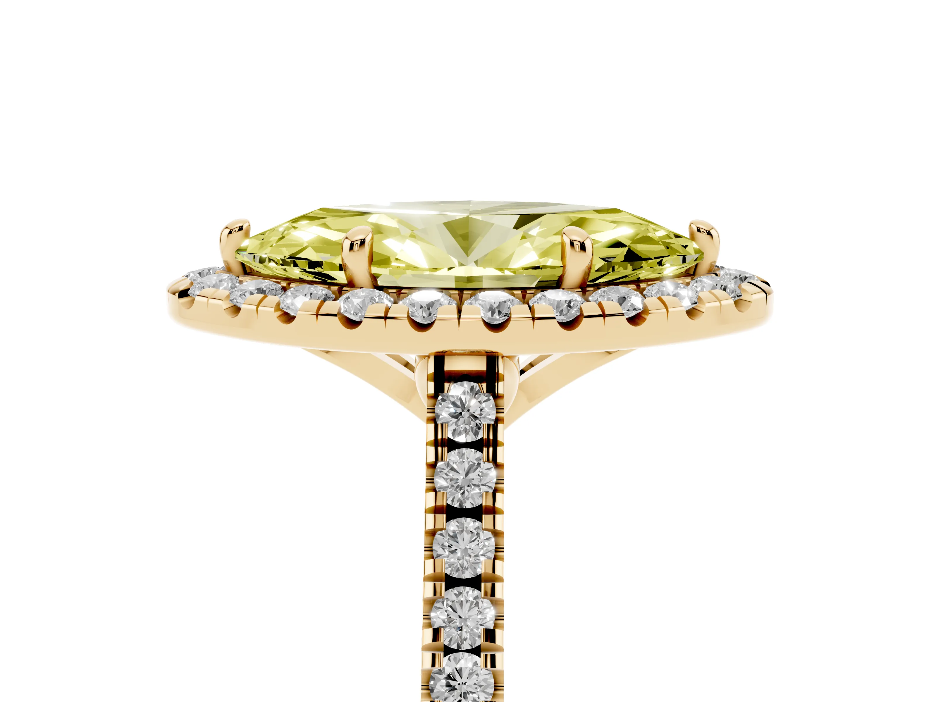 Fancy Yellow Marquise Cut Diamond Cushion Halo Ring Set in Yellow gold with Pavé Band