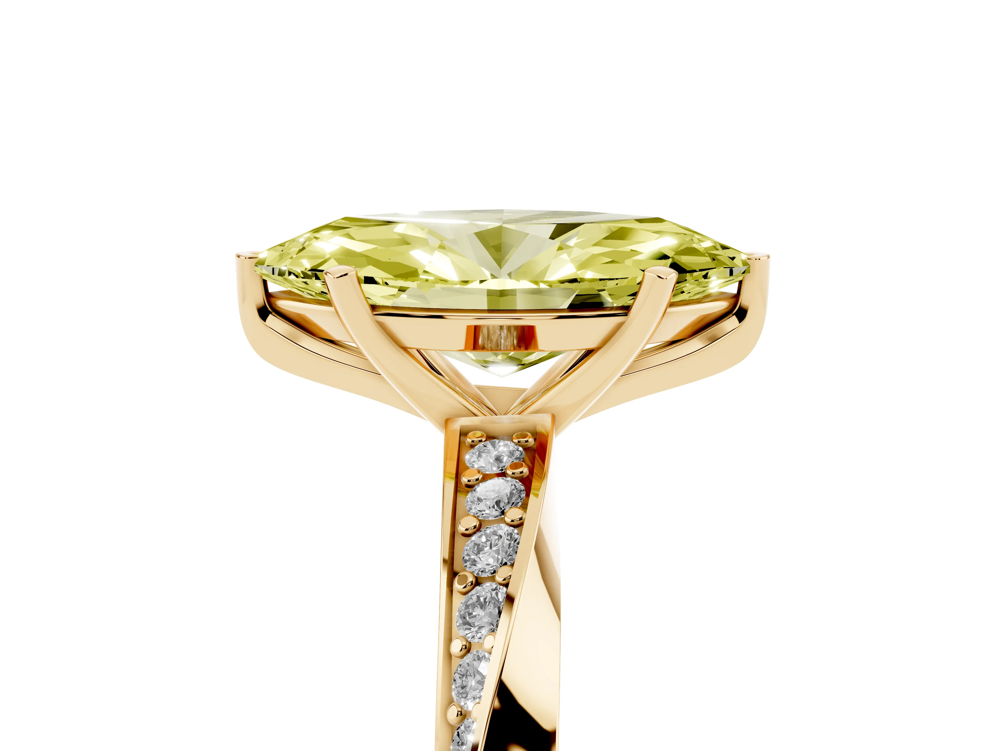 Fancy Yellow Marquise Cut Diamond Engagement Ring Set in Yellow gold with Side Stone Accents and Prong Setting