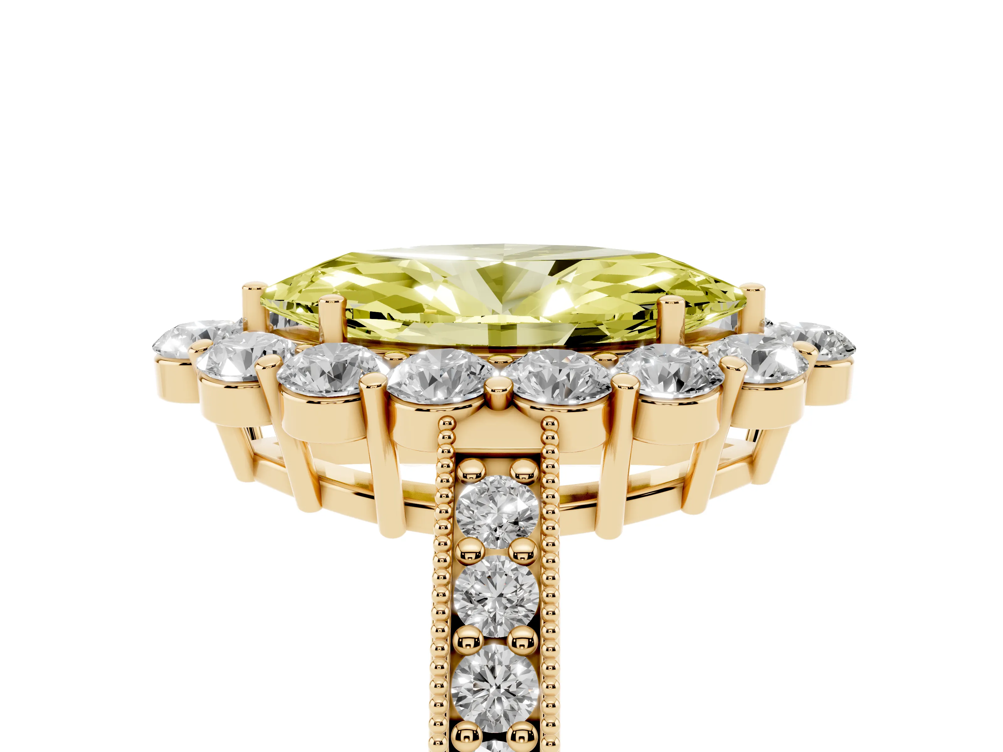 Fancy Yellow Marquise Cut Diamond Halo Pavé Engagement Ring Set in Yellow gold with Milgrain Detailing