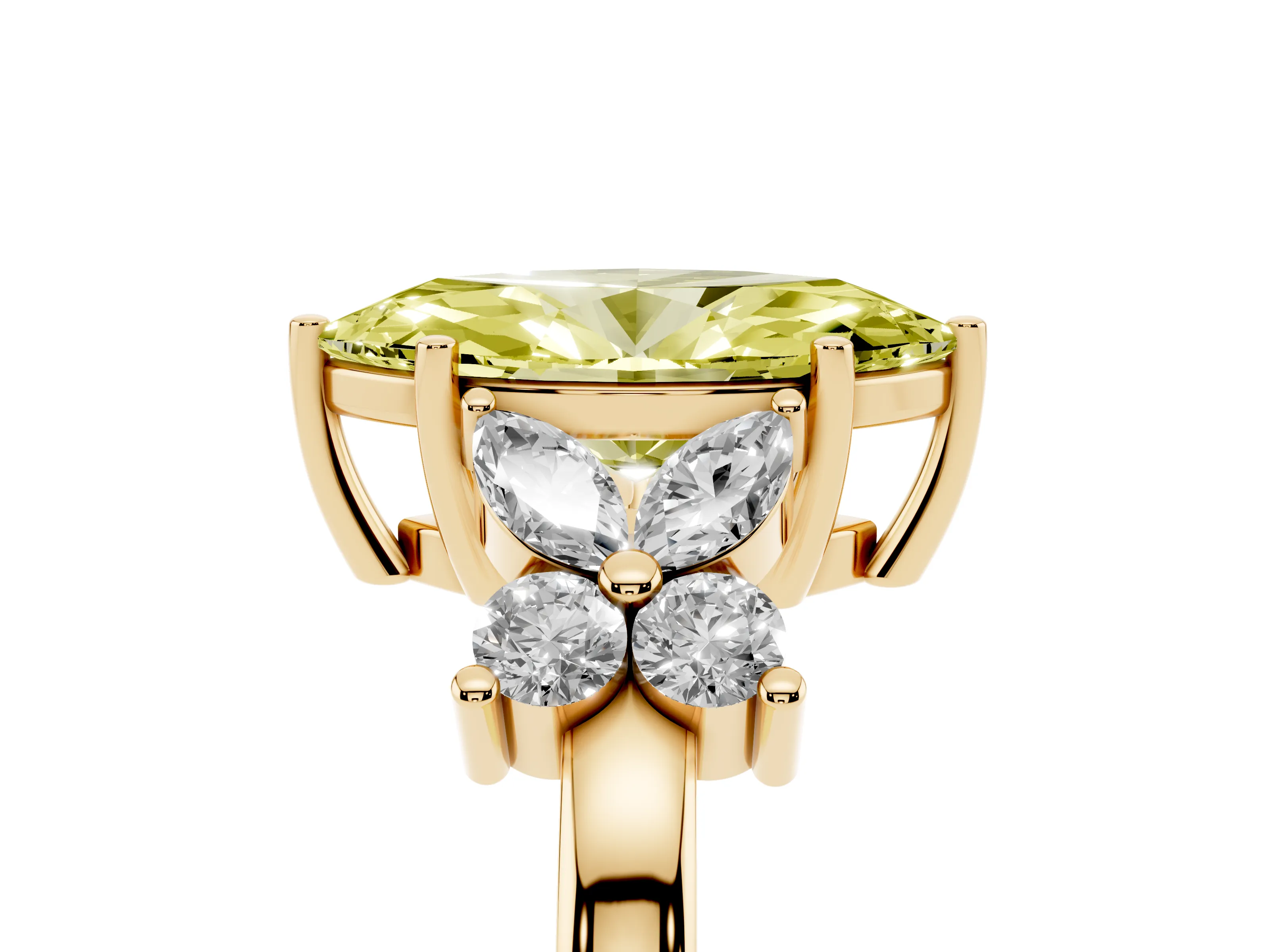 Fancy Yellow Marquise Cut Diamond Floral Cluster Ring Set in Yellow gold with Marquise Petals and Prong Setting