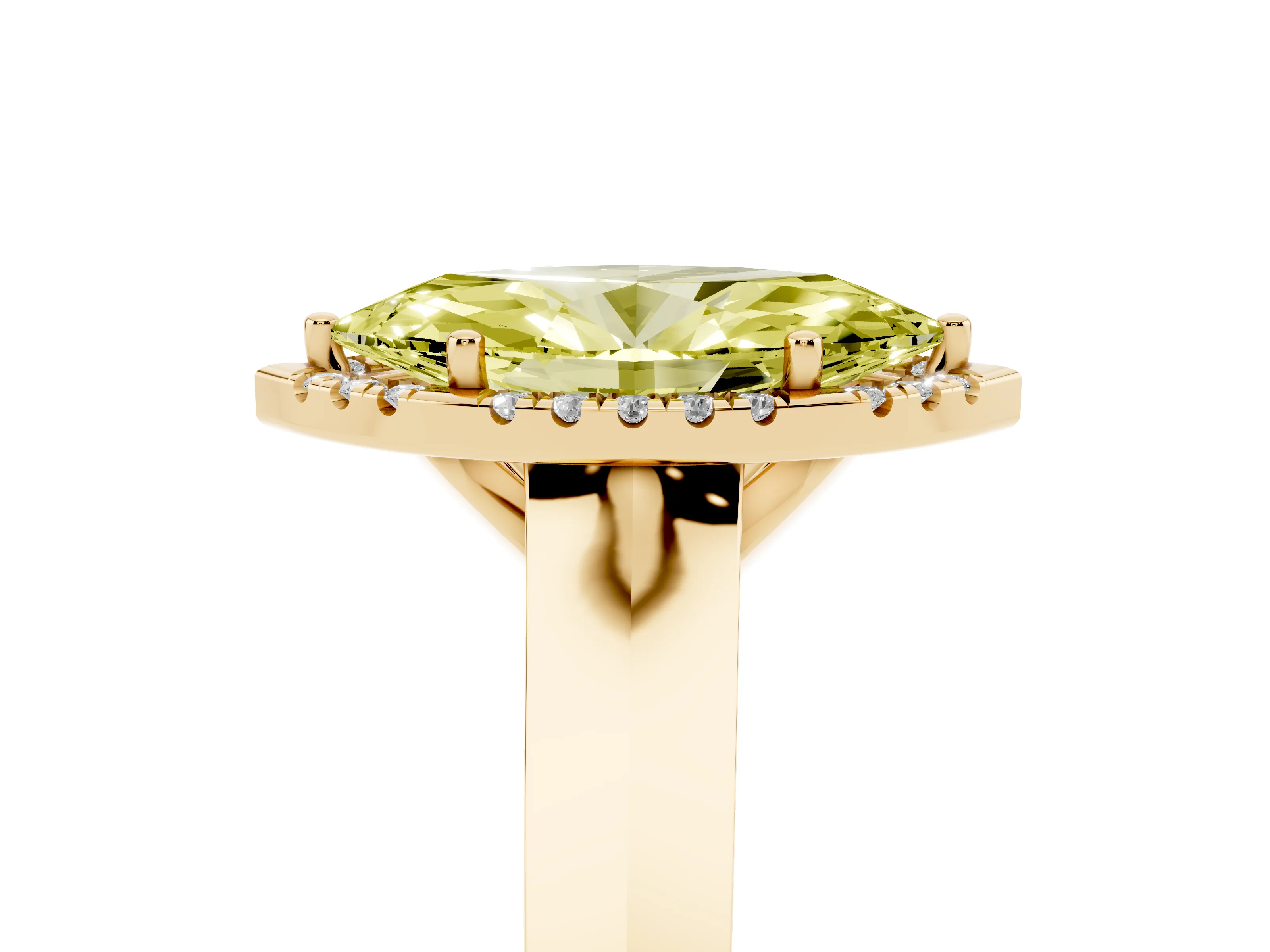Fancy Yellow Marquise Cut Diamond Halo Ring Set in Yellow gold with Cathedral Band and Prong Setting