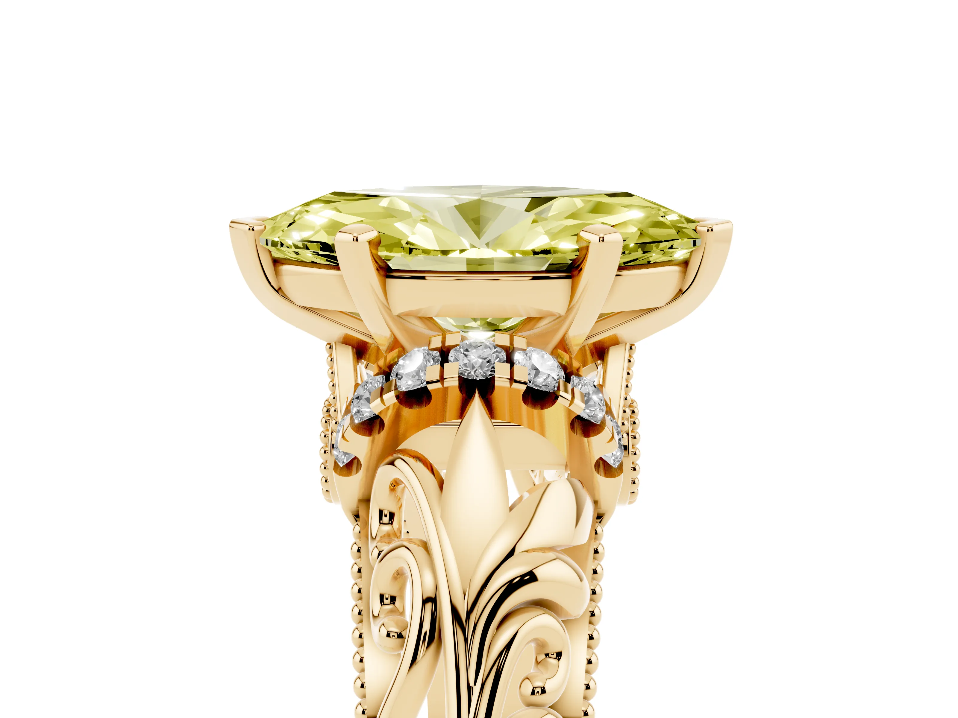 Fancy Yellow Marquise Cut Diamond Filigree Halo Engagement Ring Set in Yellow gold with Prong Setting