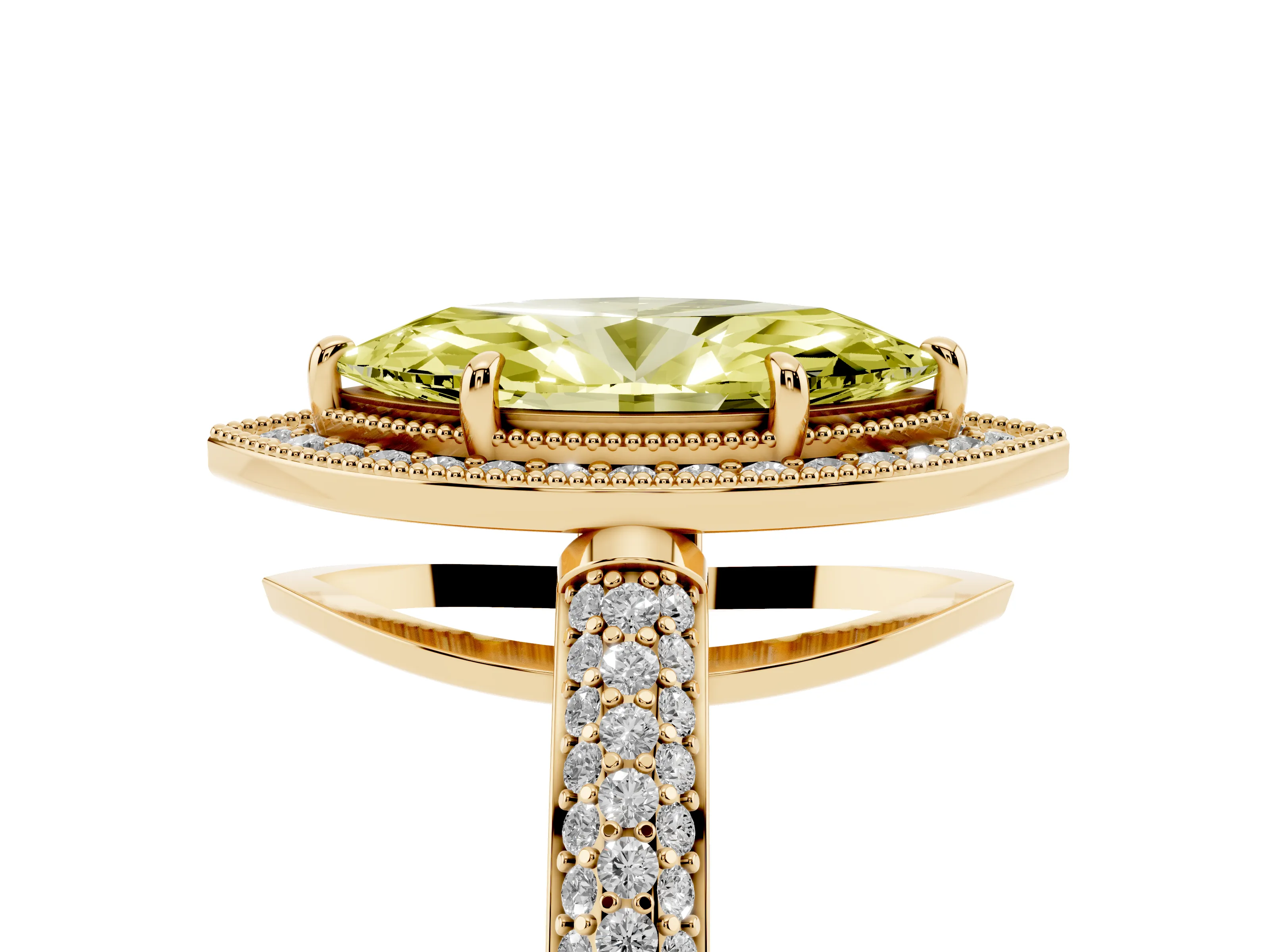 Fancy Yellow Marquise Cut Diamond Halo Pavé Band Set in Yellow gold with Prong Setting