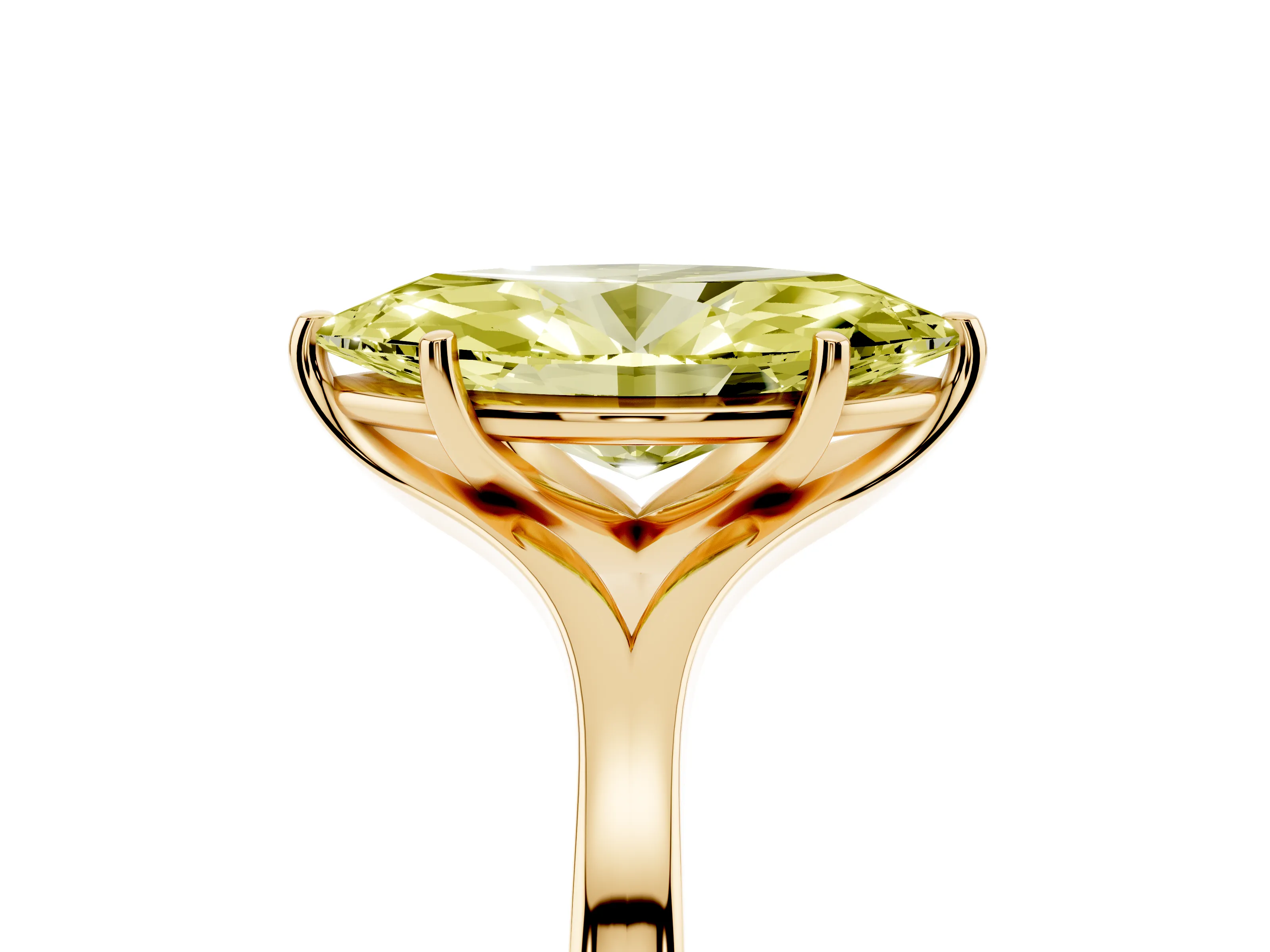 Fancy Yellow Marquise Cut Diamond Solitaire Ring Set in Yellow gold with Polished Tapered Band and Prong Setting