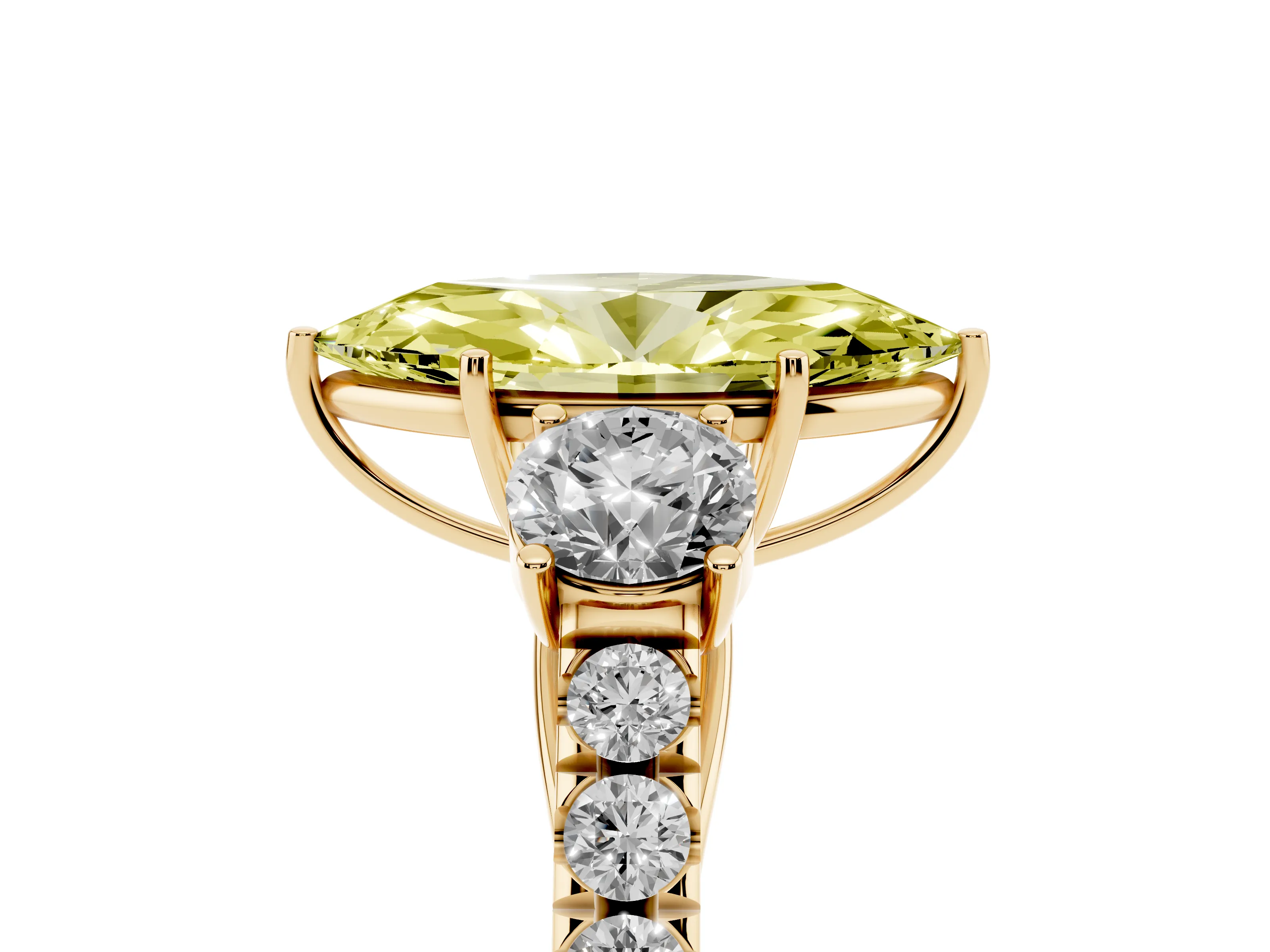 Fancy Yellow Marquise Cut Diamond Three-Stone Ring Set in Yellow gold with Round Side Stones and Delicate Pavé Band
