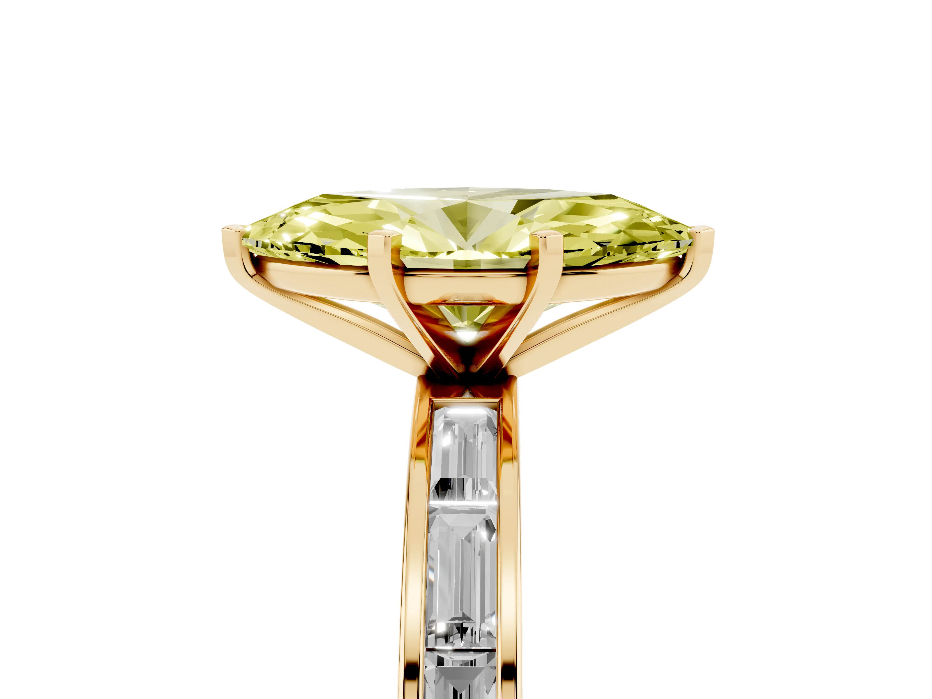 Fancy Yellow Marquise Cut Diamond Solitaire Ring Set in Yellow gold with Channel-Set Baguette Band and Prong Setting
