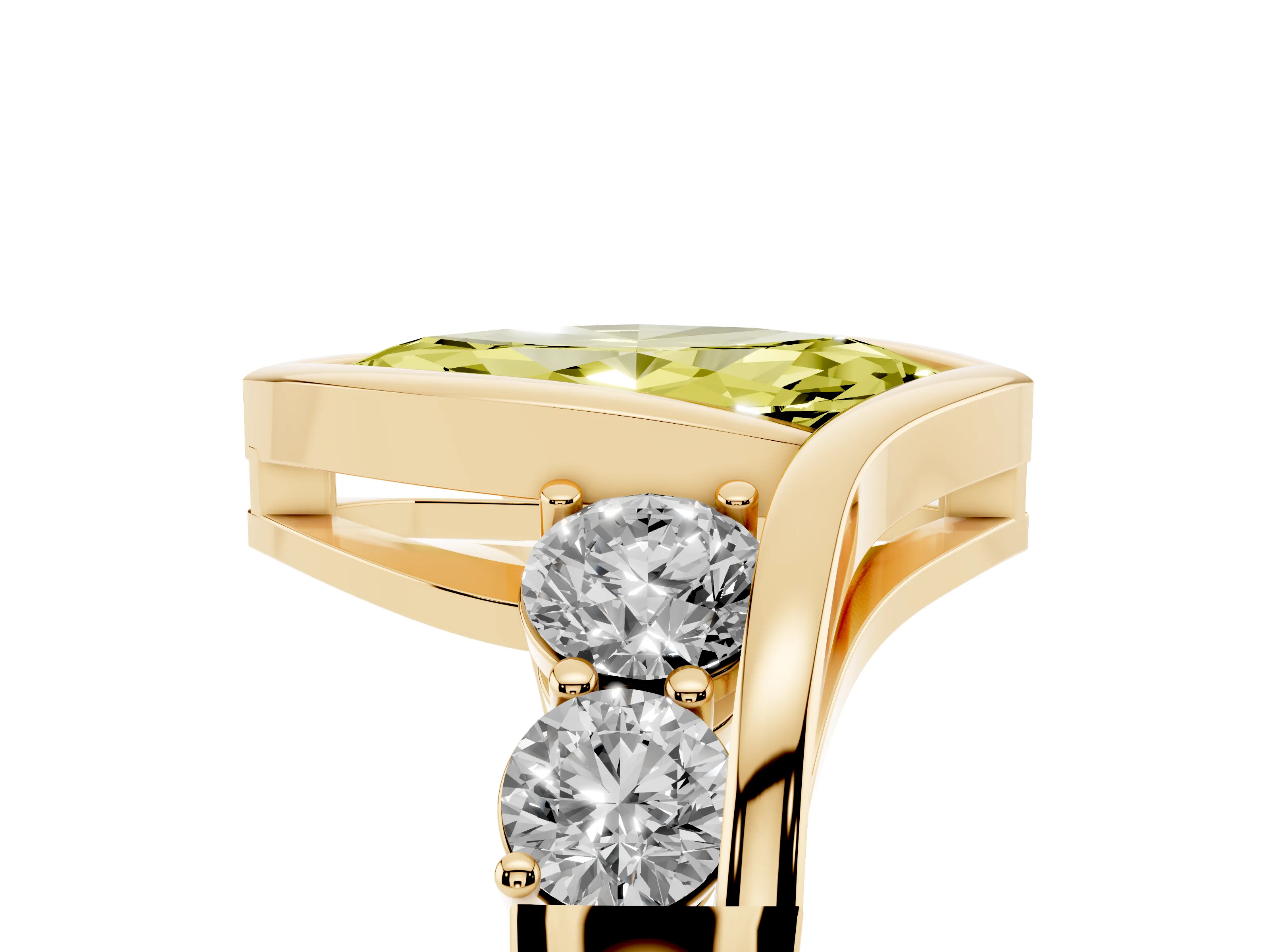 Fancy Yellow Marquise Cut Diamond Bezel Bypass Ring Set in Yellow gold with Round Accents