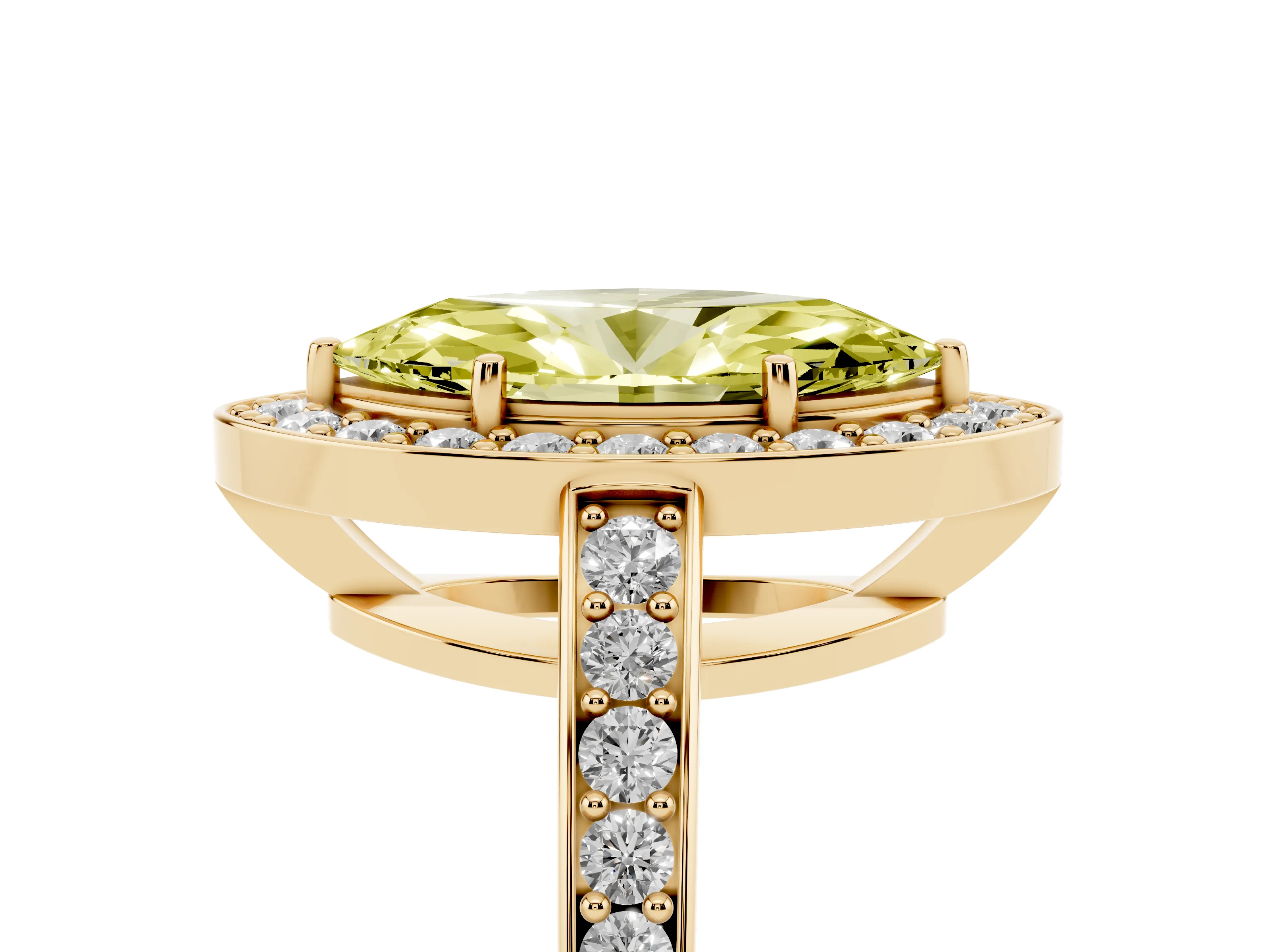 Fancy Yellow Marquise Cut Diamond Halo Pavé Engagement Ring Set in Yellow gold with Bezel Setting