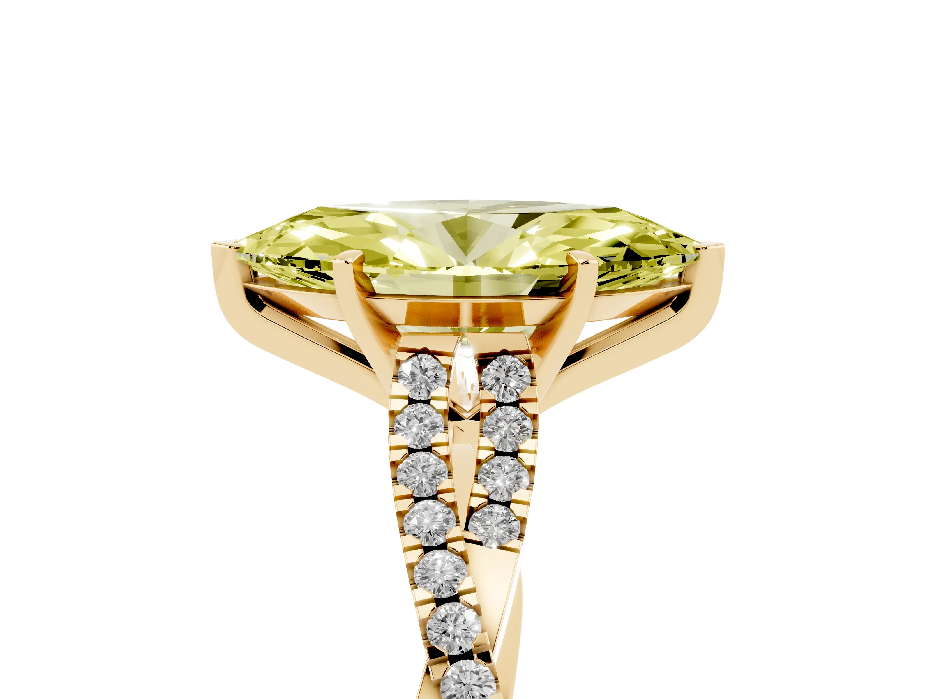 Fancy Yellow Marquise Cut Diamond Solitaire Engagement Ring Set in Yellow gold with Twisted Pavé Band and Prong Setting