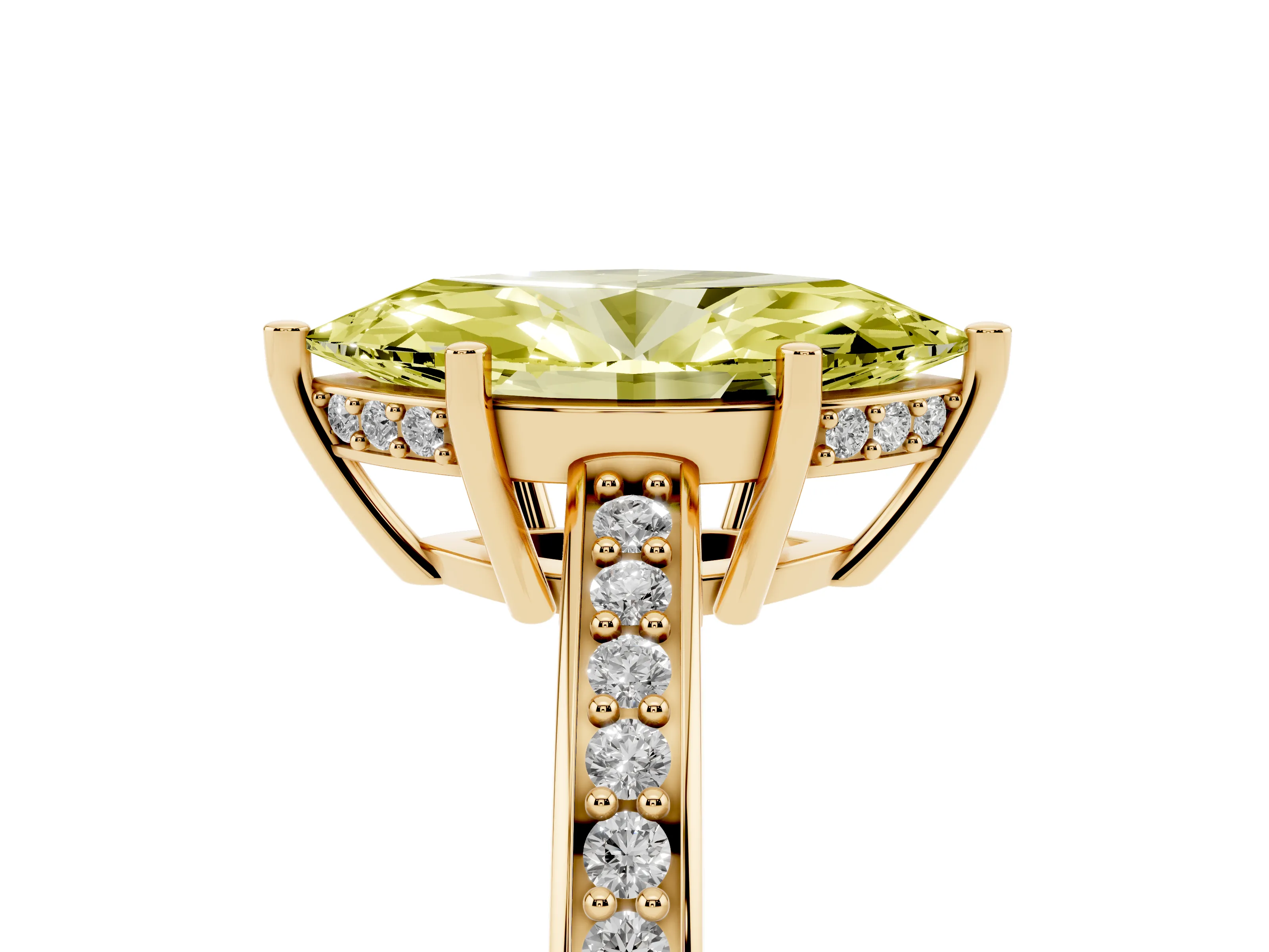 Fancy Yellow Marquise Cut Diamond Pavé Band Prong Set Solitaire Ring Set in Yellow gold