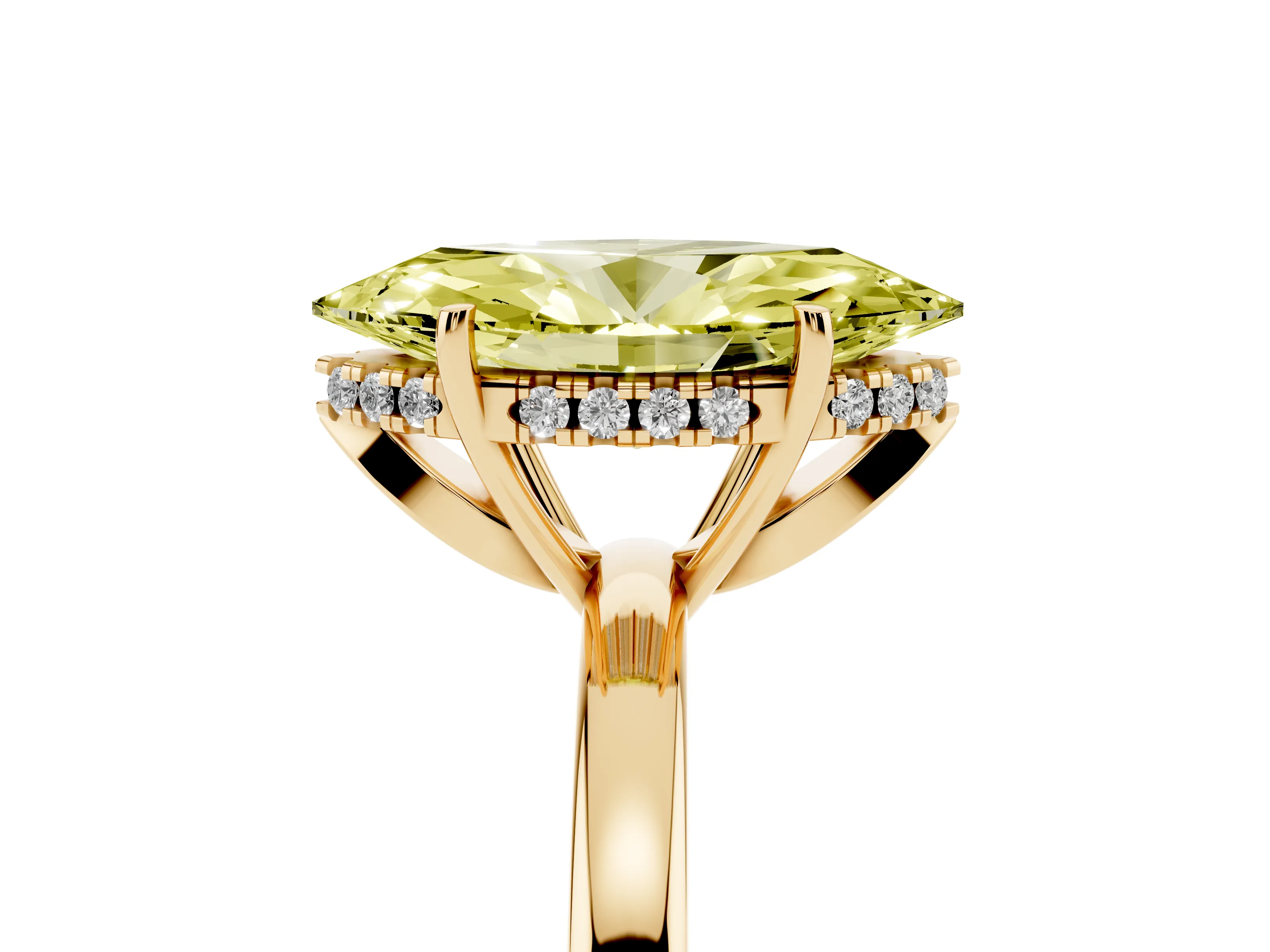Fancy Yellow Marquise Cut Diamond Solitaire Ring Set in Yellow gold with Plain Band and Prong Setting