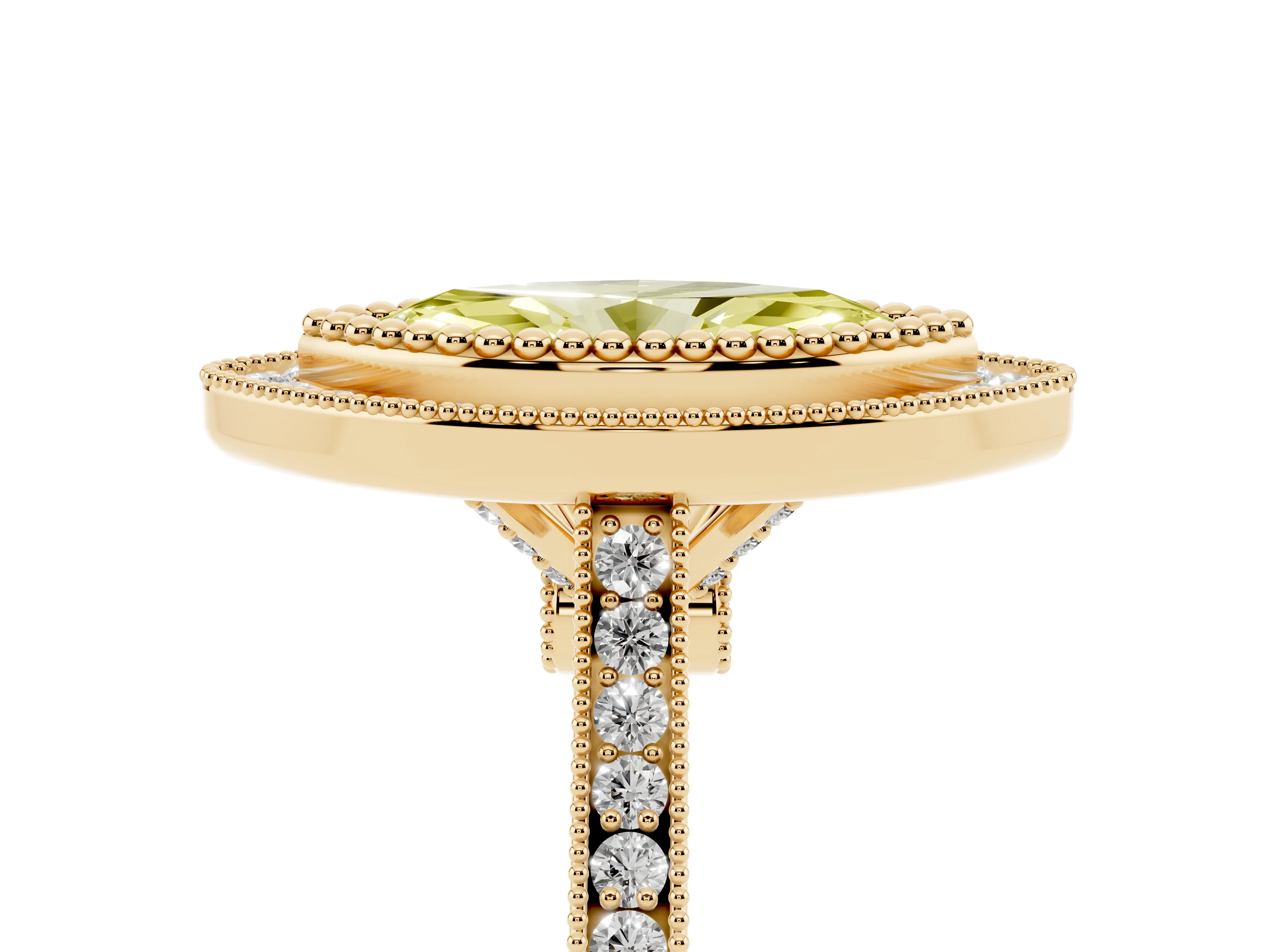 Fancy Yellow Marquise Cut Diamond Halo Ring Set in Yellow gold with Milgrain Frame and Pavé Band