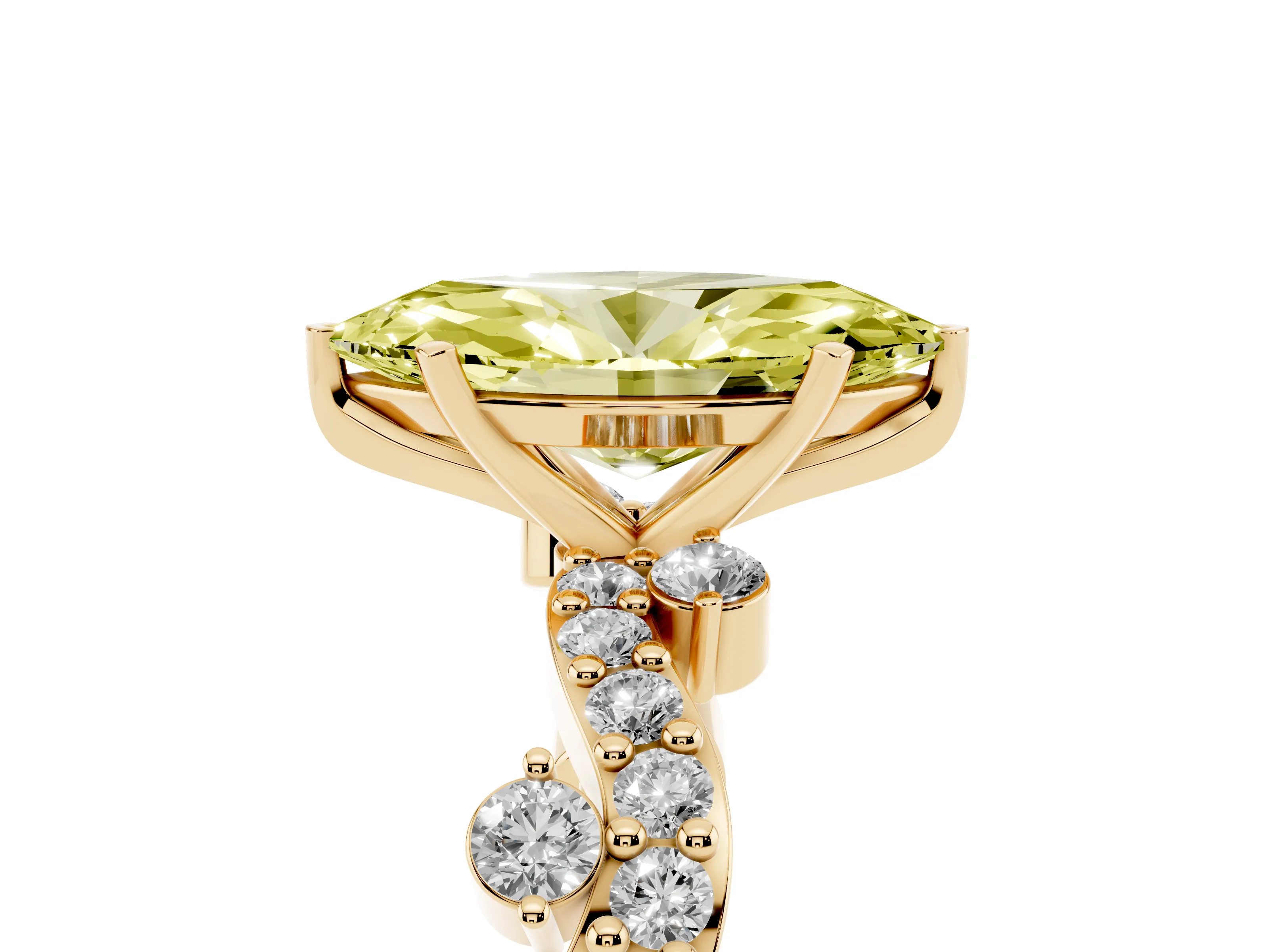 Fancy Yellow Marquise Cut Diamond Solitaire Twisted Band Set in Yellow gold with Pavé Setting