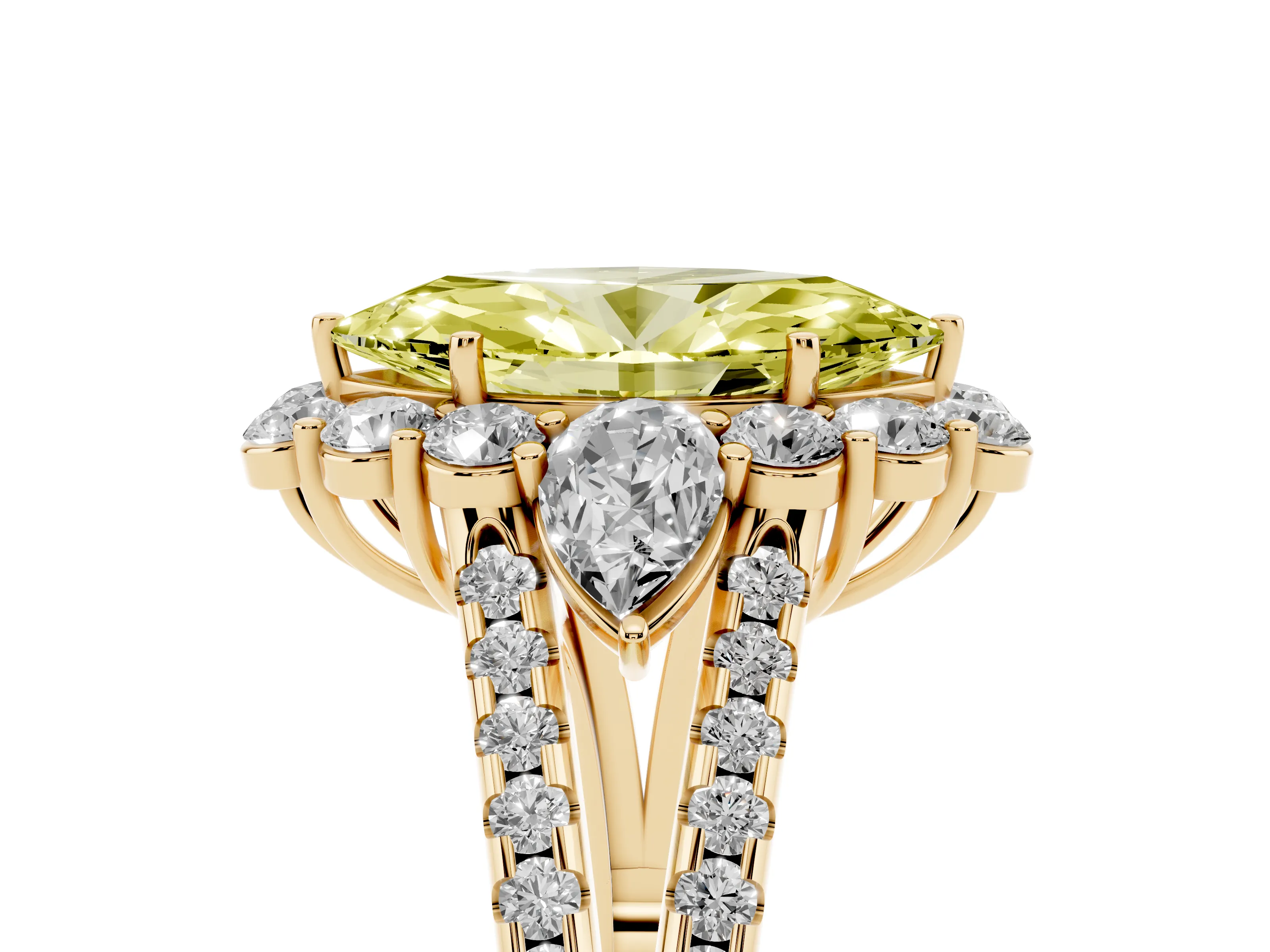 Fancy Yellow Marquise Cut Diamond Halo Split Shank Engagement Ring Set in Yellow gold with Prong-Held Center Stone