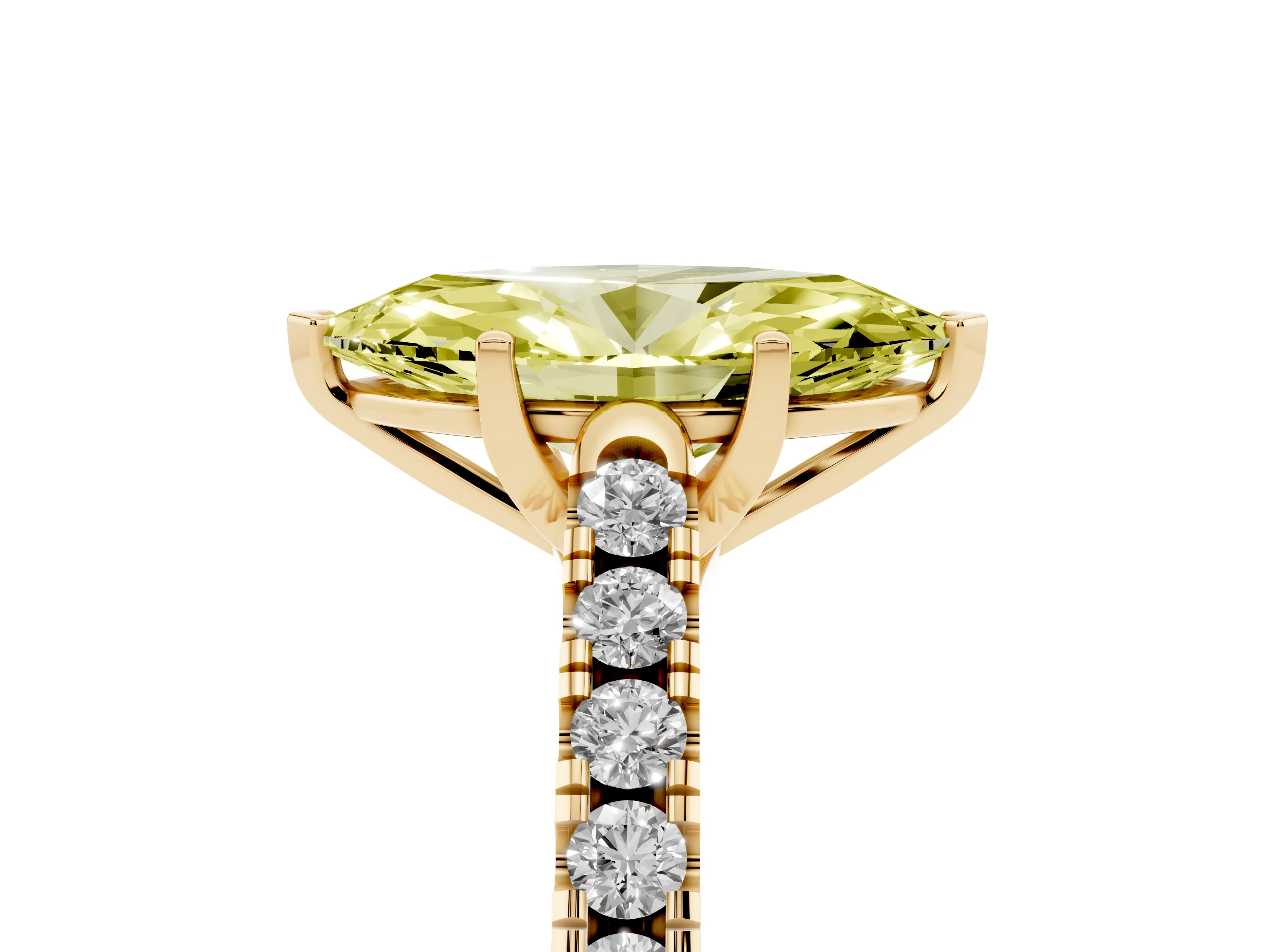 Fancy Yellow Marquise Cut Diamond Pavé Band Solitaire Ring Set in Yellow gold with Partway Accent Stones and Prong Setting