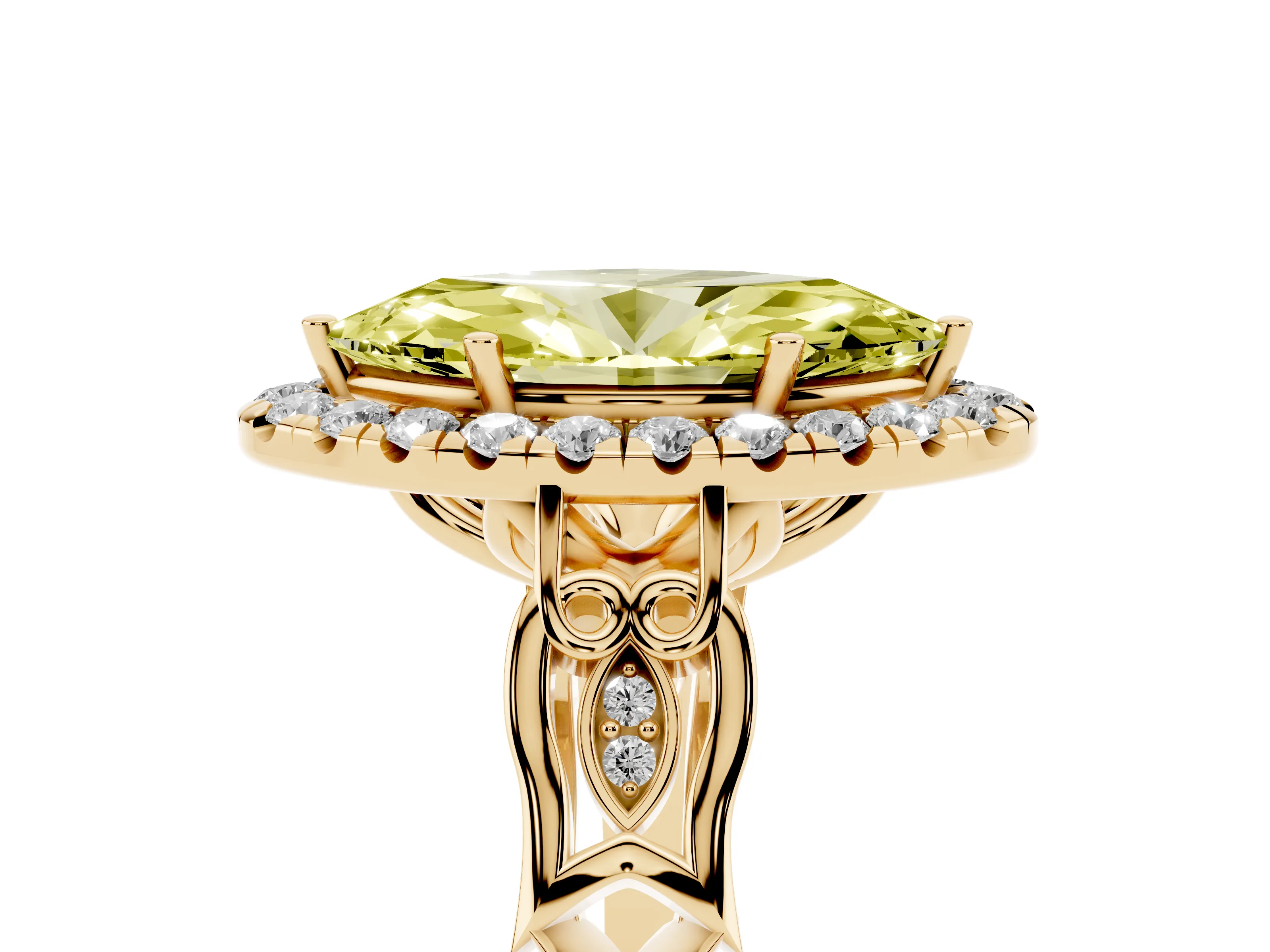 Fancy Yellow Marquise Cut Diamond Halo Engagement Ring Set in Yellow gold with Filigree Band and Prong-Set Center