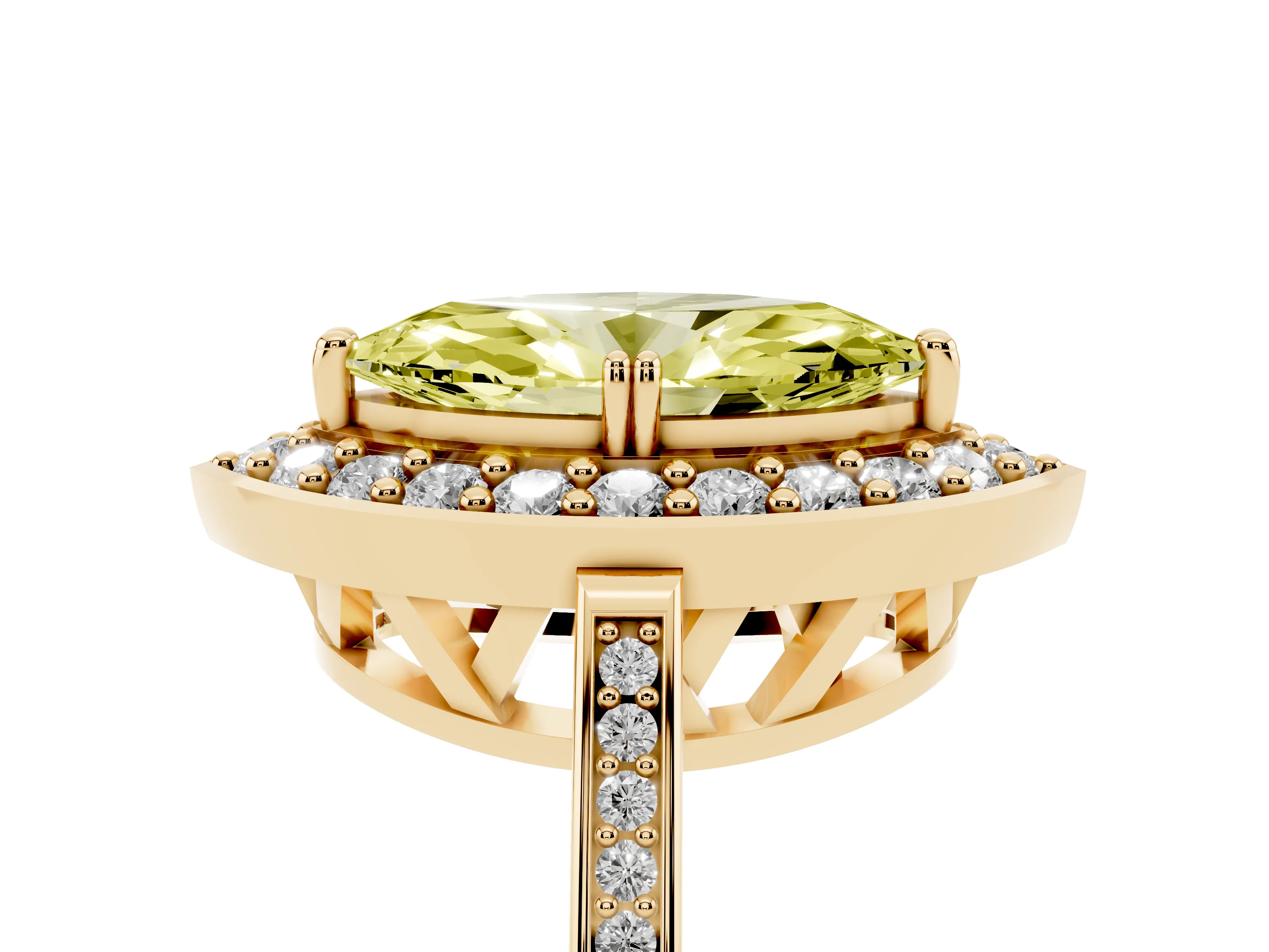 Fancy Yellow Marquise Cut Diamond Halo Ring Set in Yellow gold with Accent-Lined Split Shank and Prong Setting