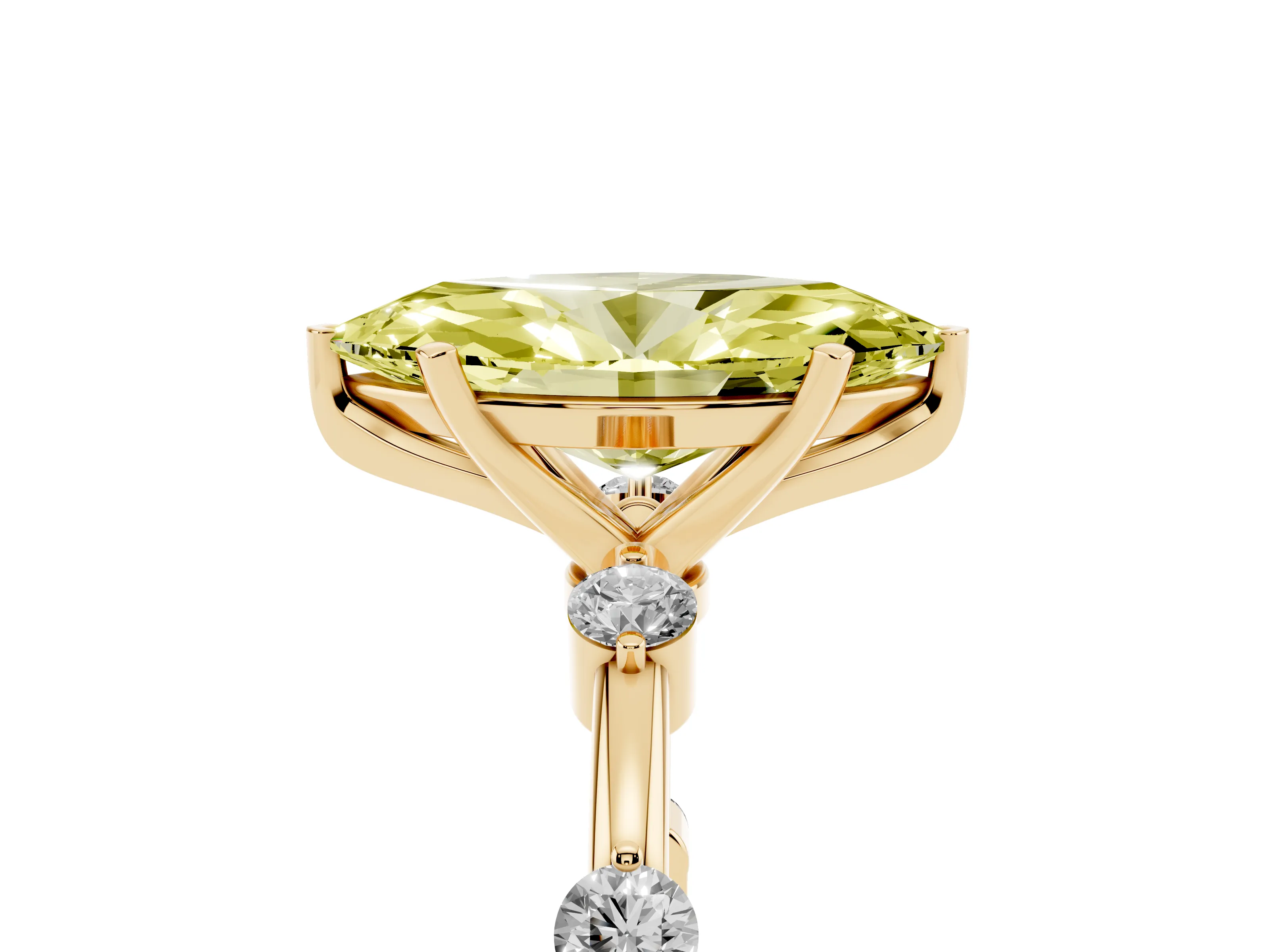 Fancy Yellow Marquise Cut Diamond Solitaire Ring Set in Yellow gold with Bezel Set Side Stones and Prong Setting