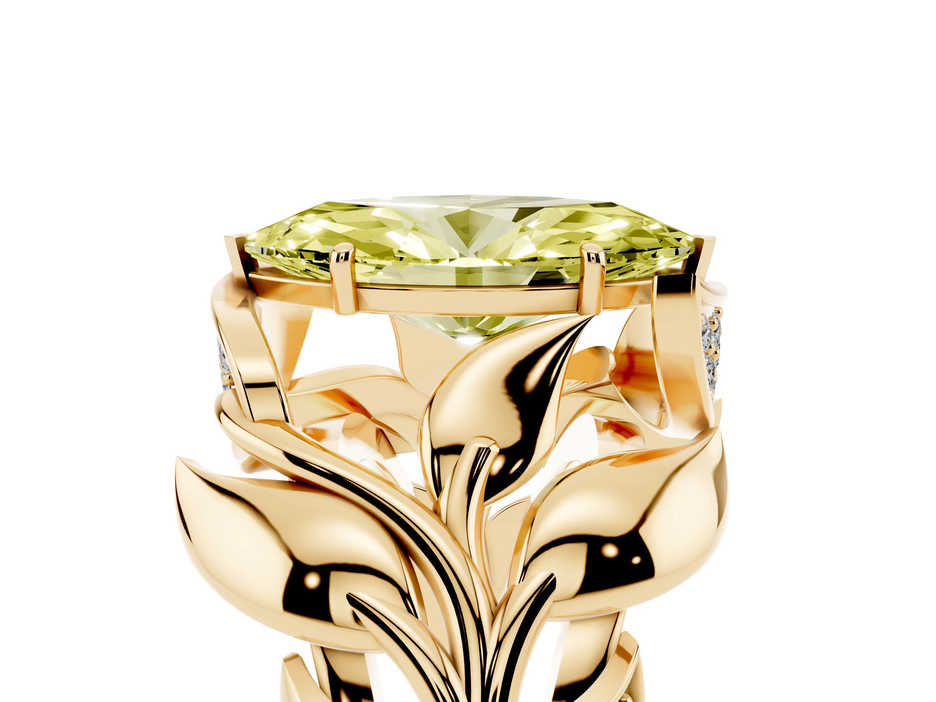 Fancy Yellow Marquise Cut Diamond Leaf-Inspired Engagement Ring Set in Yellow gold with Round Accents