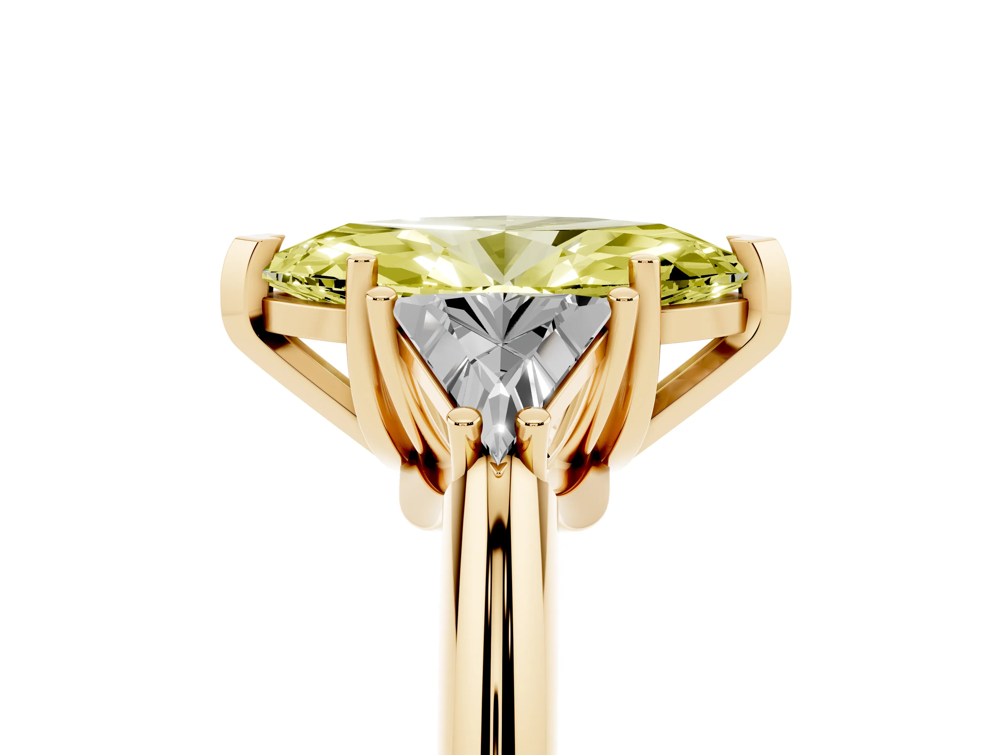 Fancy Yellow Marquise Cut Diamond Three-Stone Engagement Ring Set in Yellow gold with Trillion Side Stones
