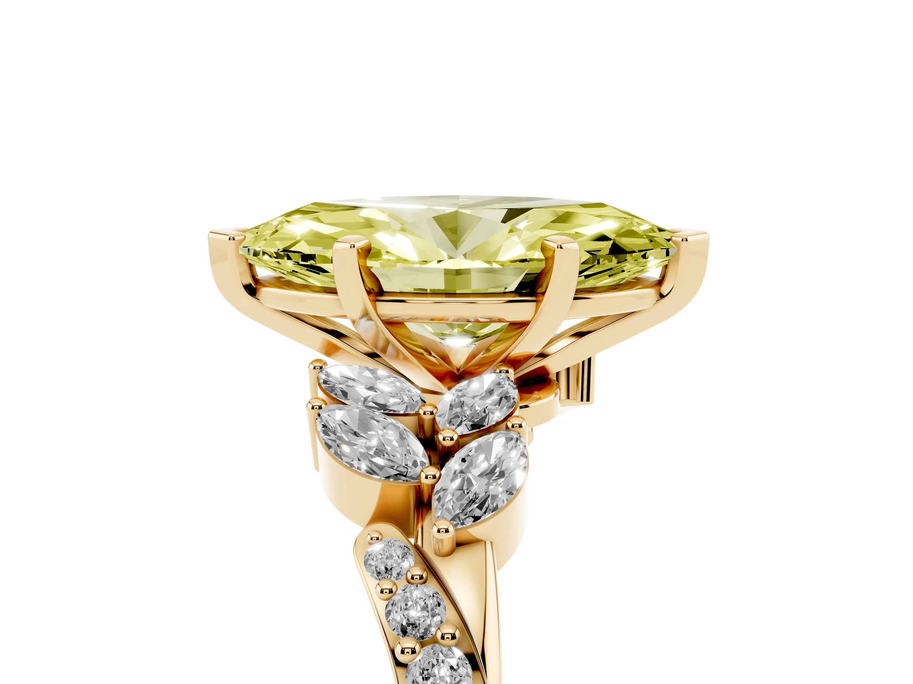 Fancy Yellow Marquise Cut Diamond Solitaire Ring Set in Yellow gold with Marquise Twist Band and Prong Setting