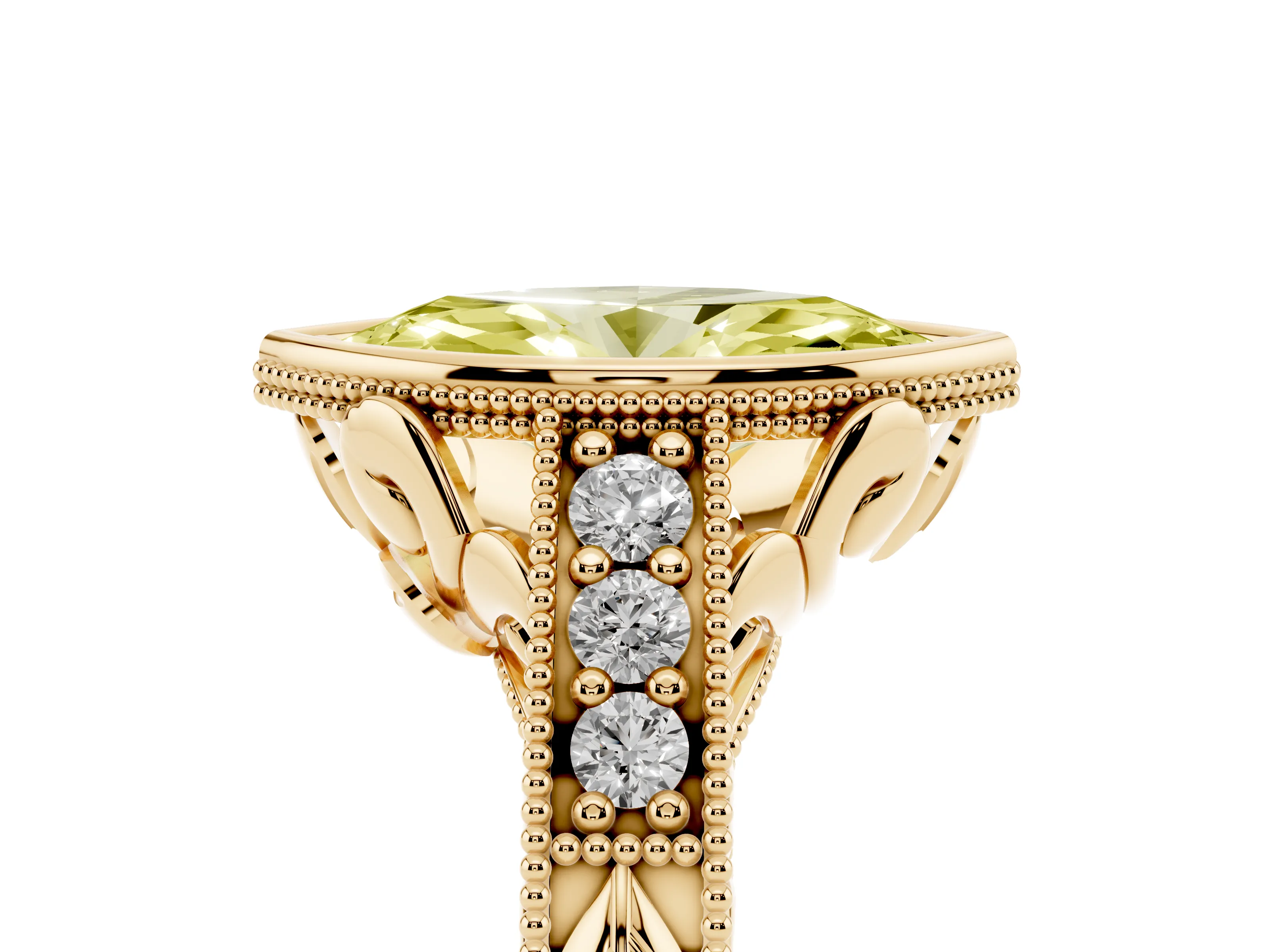 Fancy Yellow Bezel Set Marquise Cut Diamond Milgrain Pavé Engagement Ring Set in Yellow gold