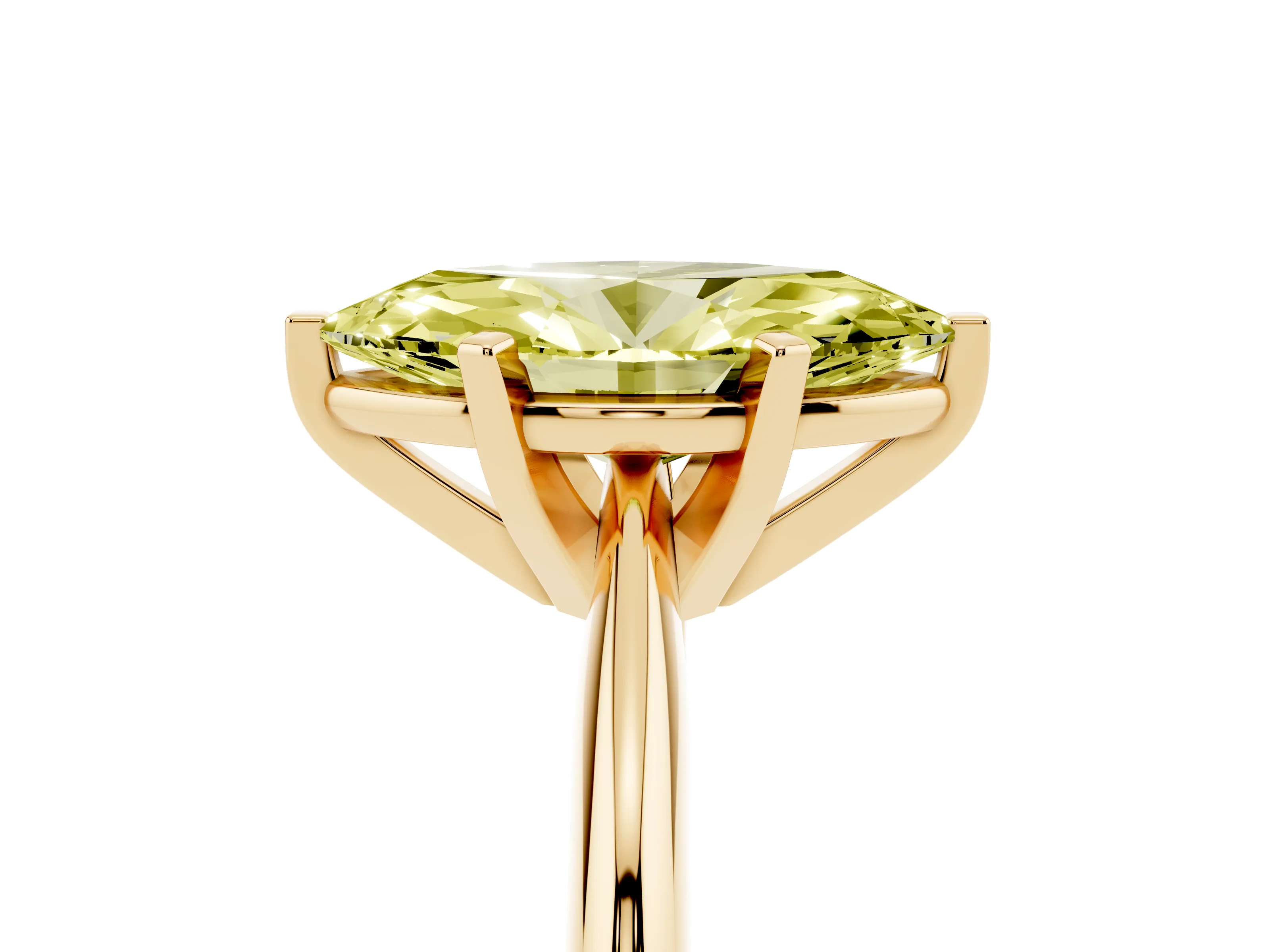Fancy Yellow Marquise Cut Diamond Solitaire Ring Set in Yellow gold with Prong Setting on a Plain Round Band